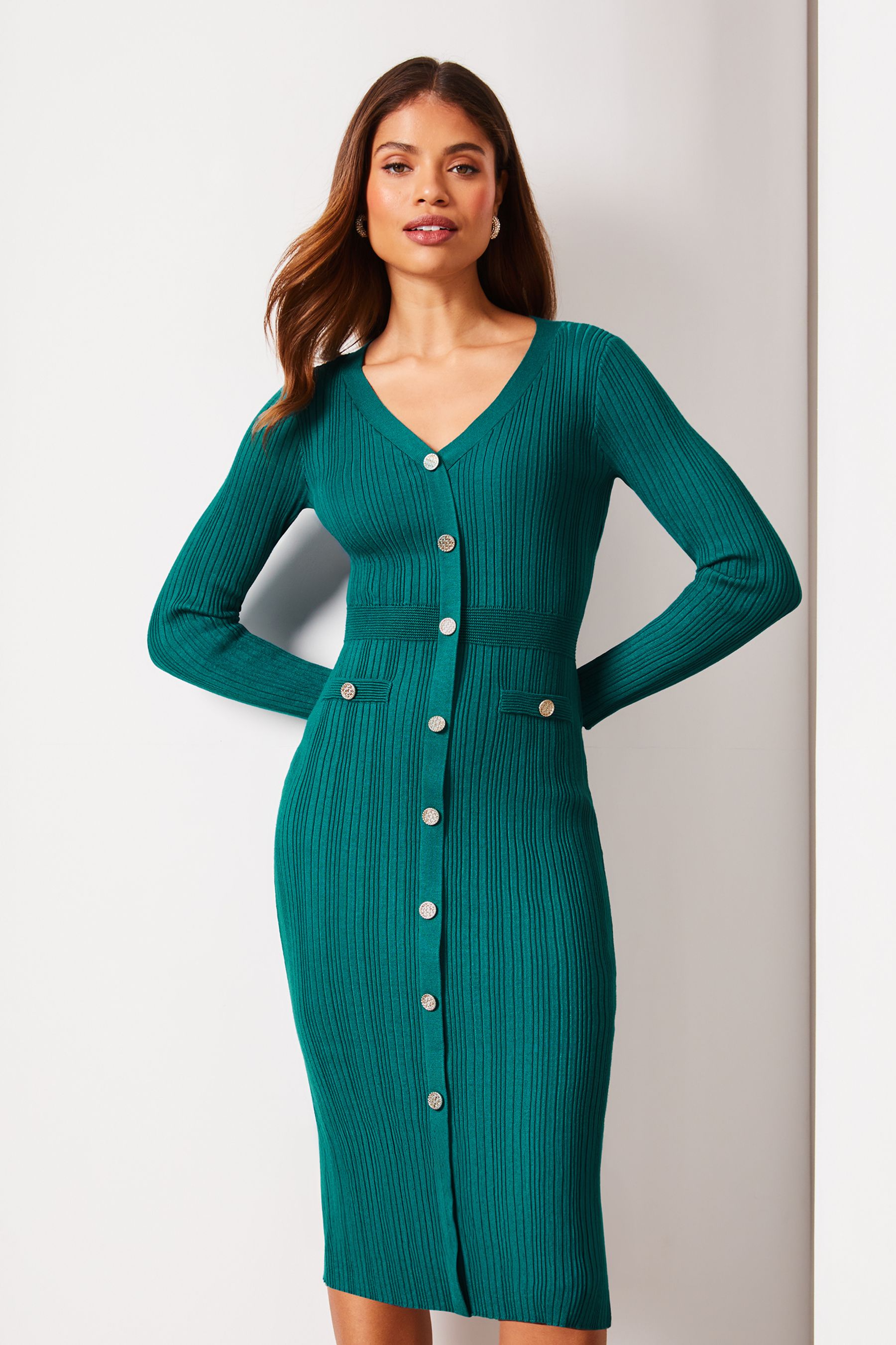 Buy Lipsy Green Button V Neck Long Sleeve Bodycon Midi Dress from Next Luxembourg