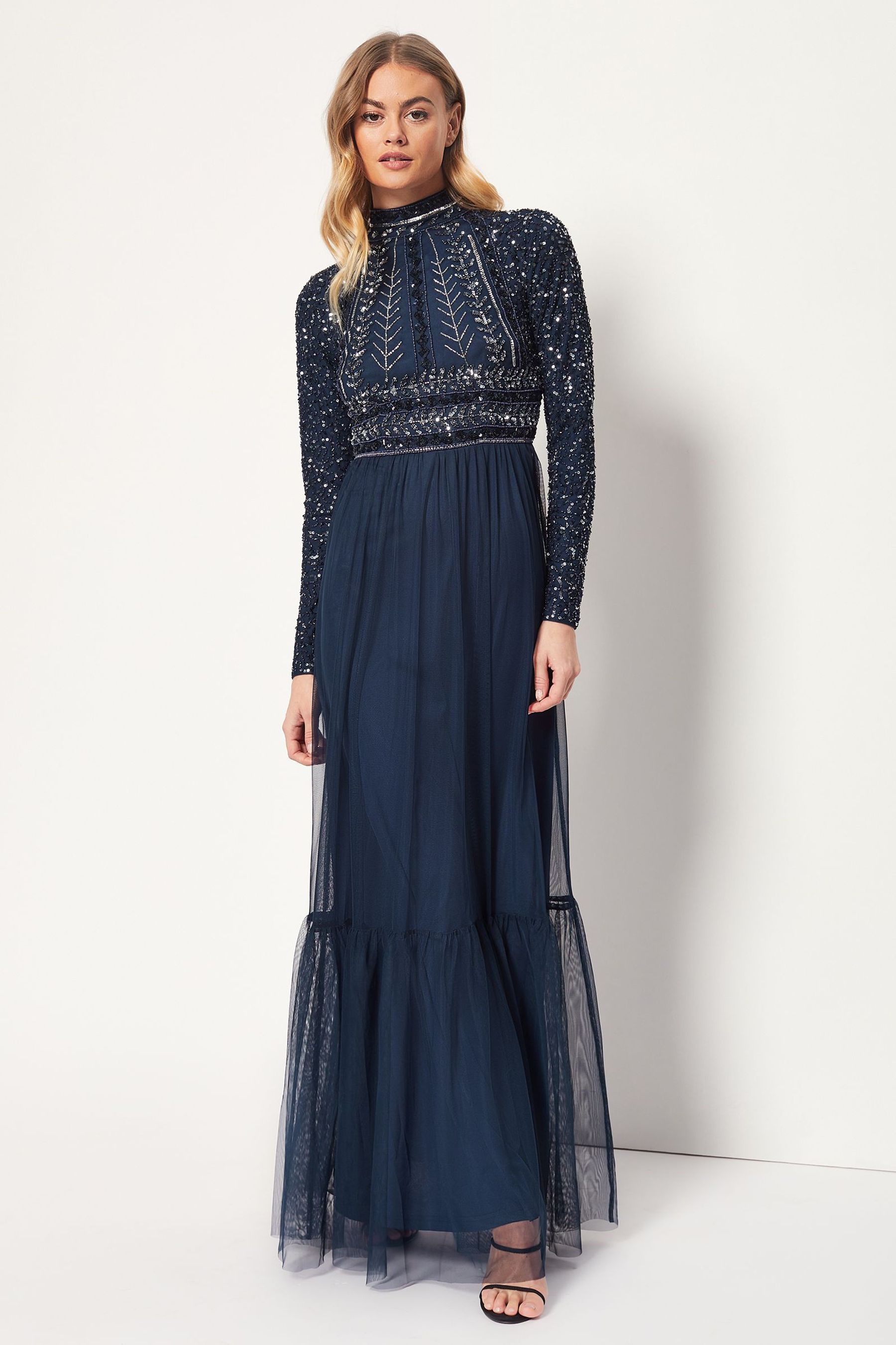 High neck embellished maxi dress clearance