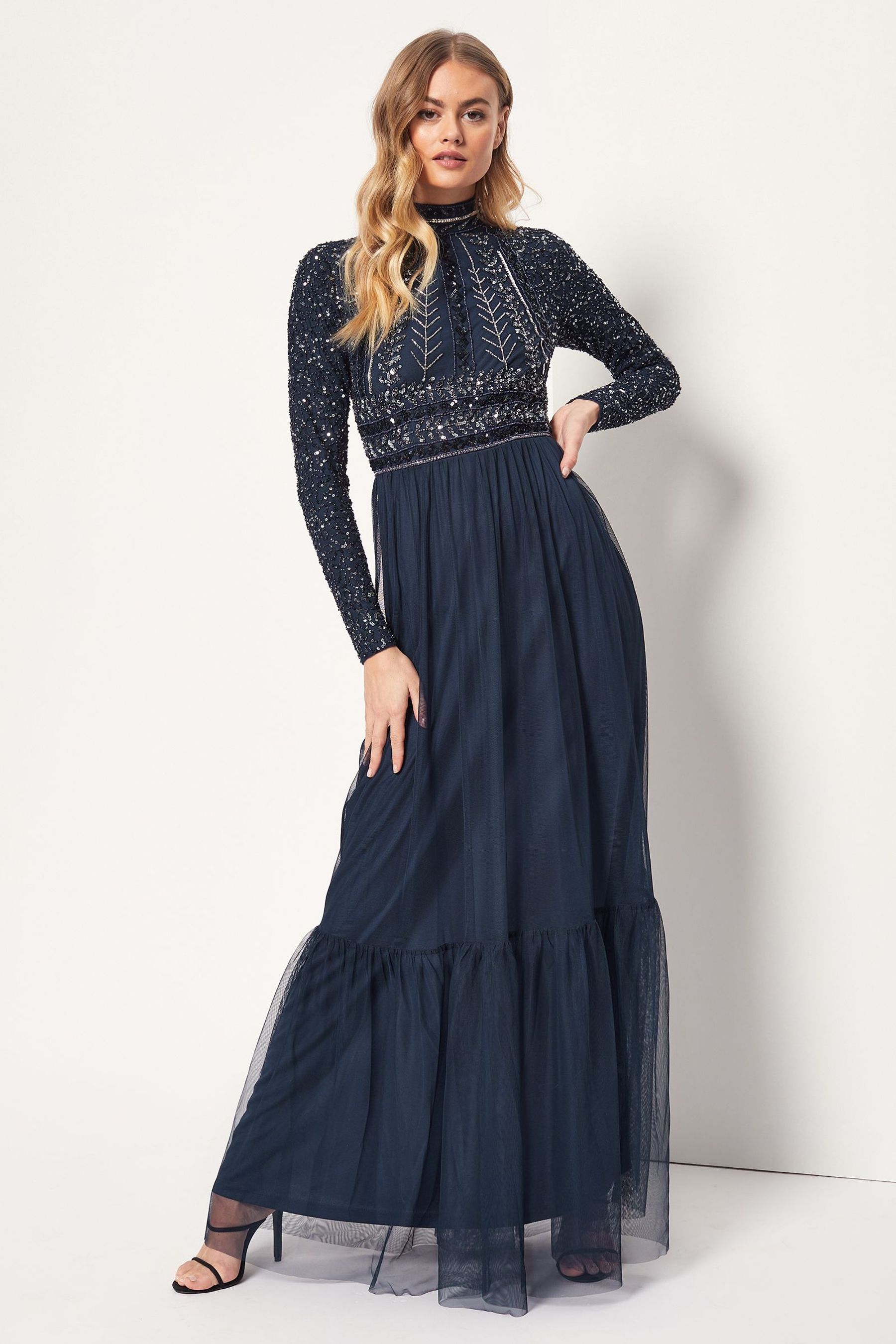 Buy Maya Navy Blue Modest High Neck Embellished Maxi Dress from Next Luxembourg