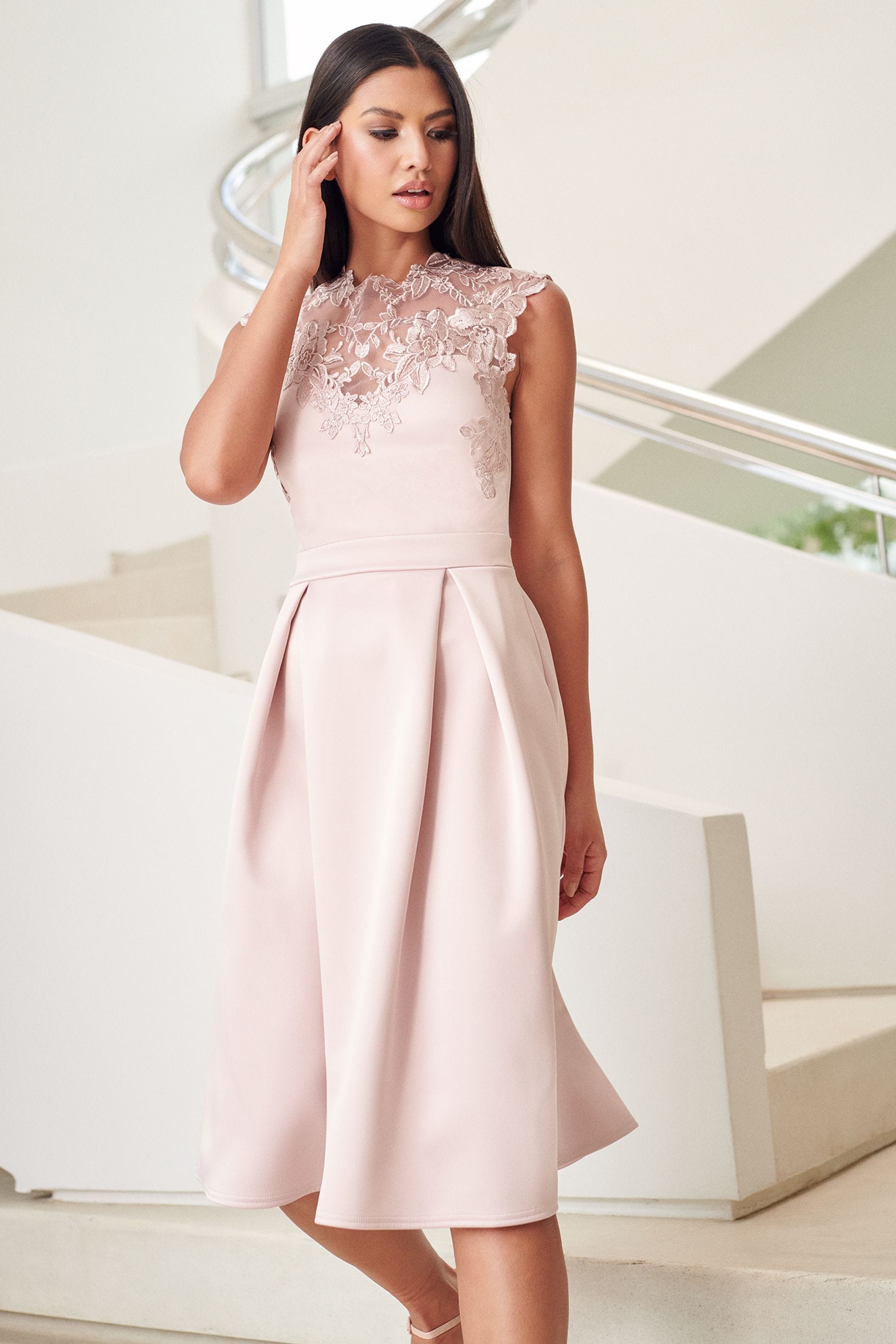 Buy Lipsy Nude Petite Petite Embroidered Yoke Prom Dress from Next Luxembourg