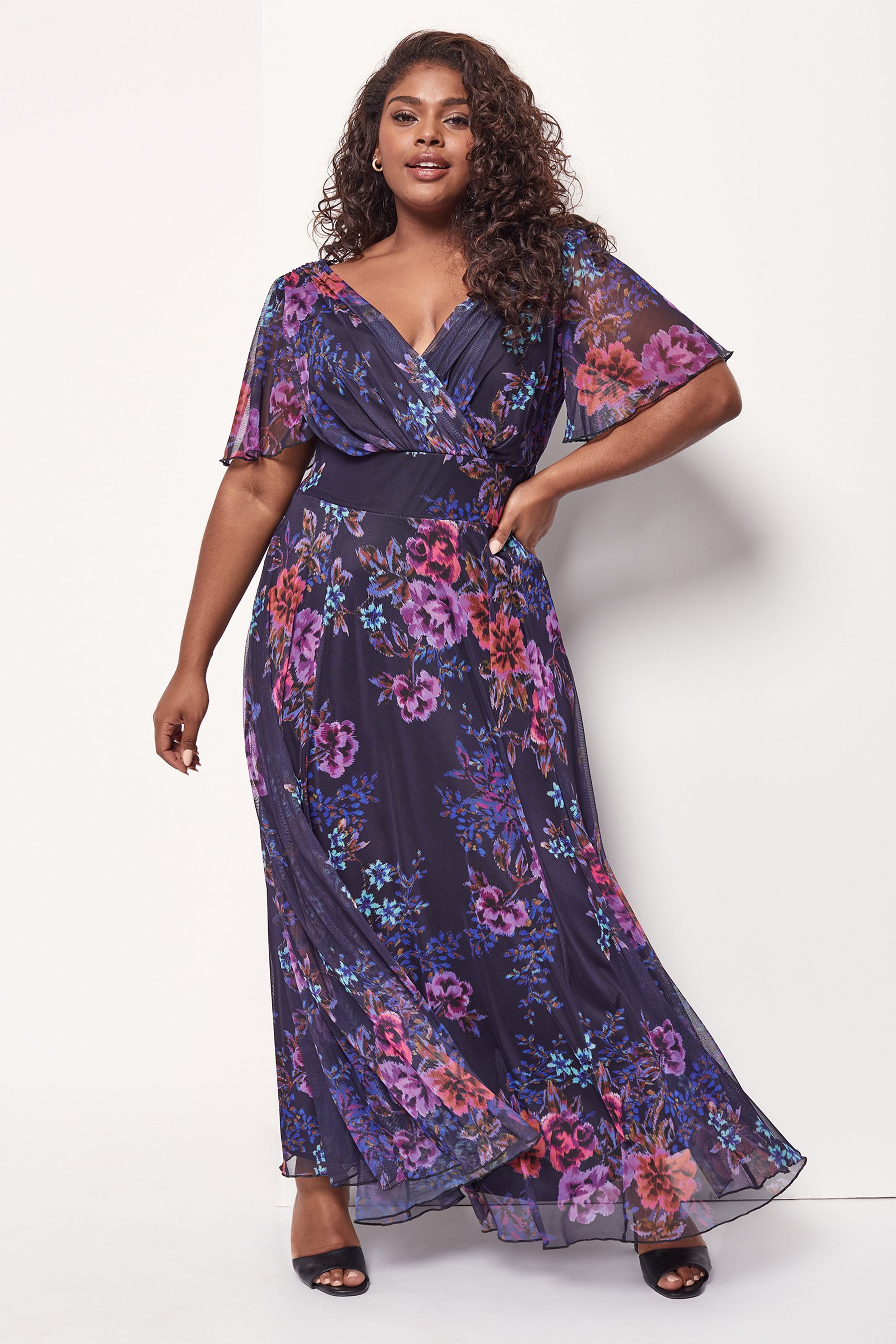 Buy Scarlett Jo Navy Isabelle Floral Print Float Sleeve Maxi Dress from Next Luxembourg