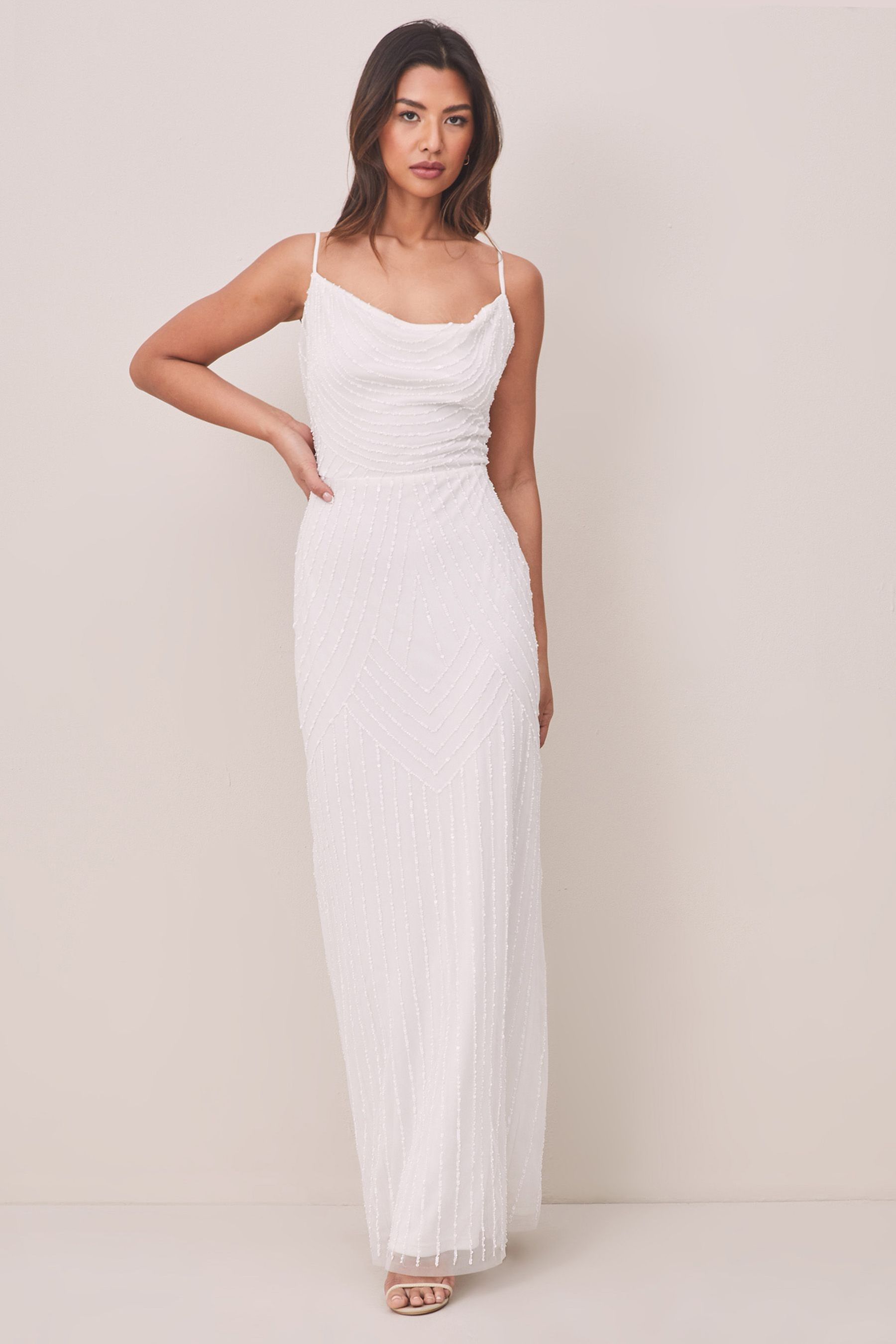 Buy Lipsy White Bridsmaid Sequin Cowl Hand Embellished Maxi Dress from Next Luxembourg