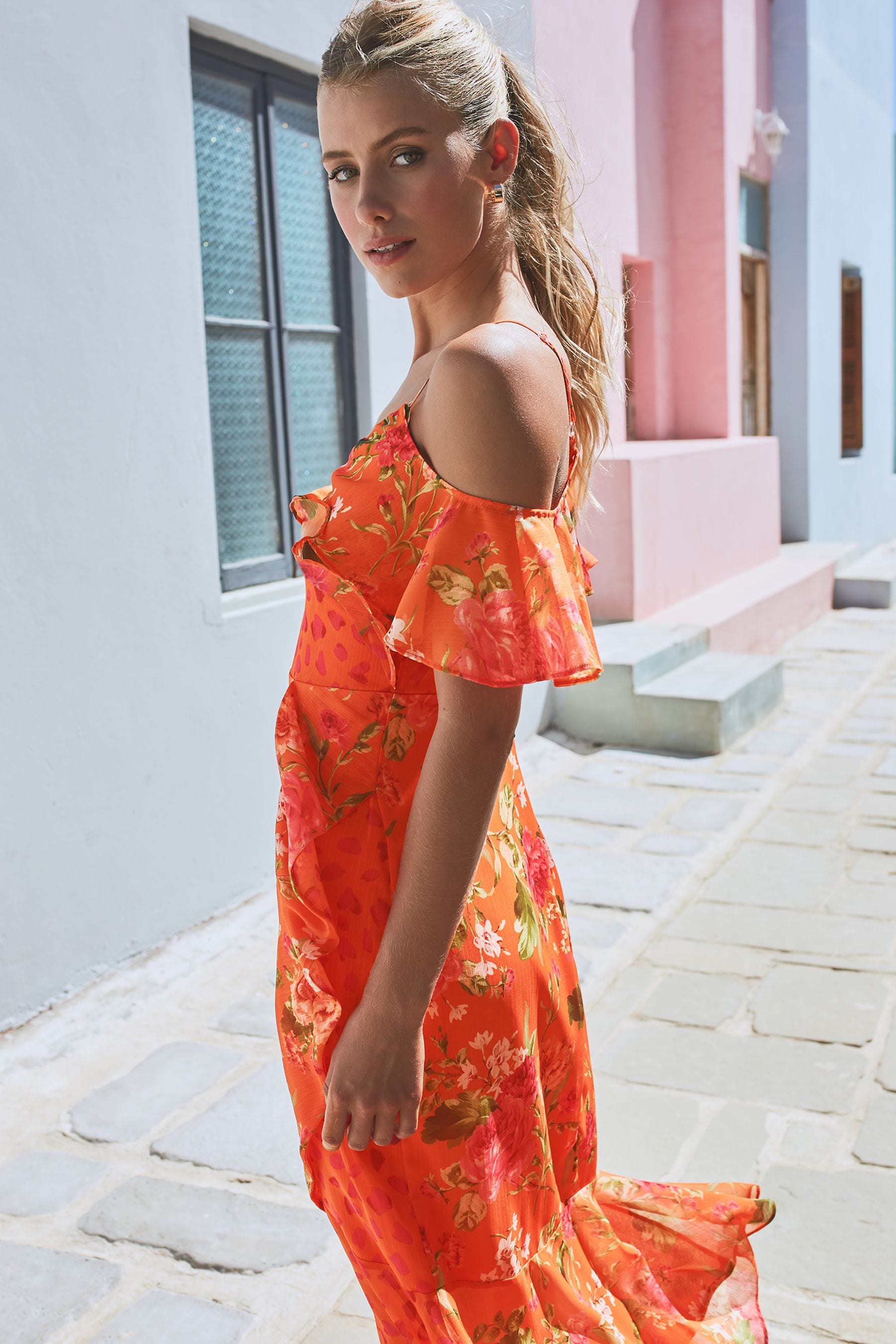 Cold shoulder ruffle dress hot sale
