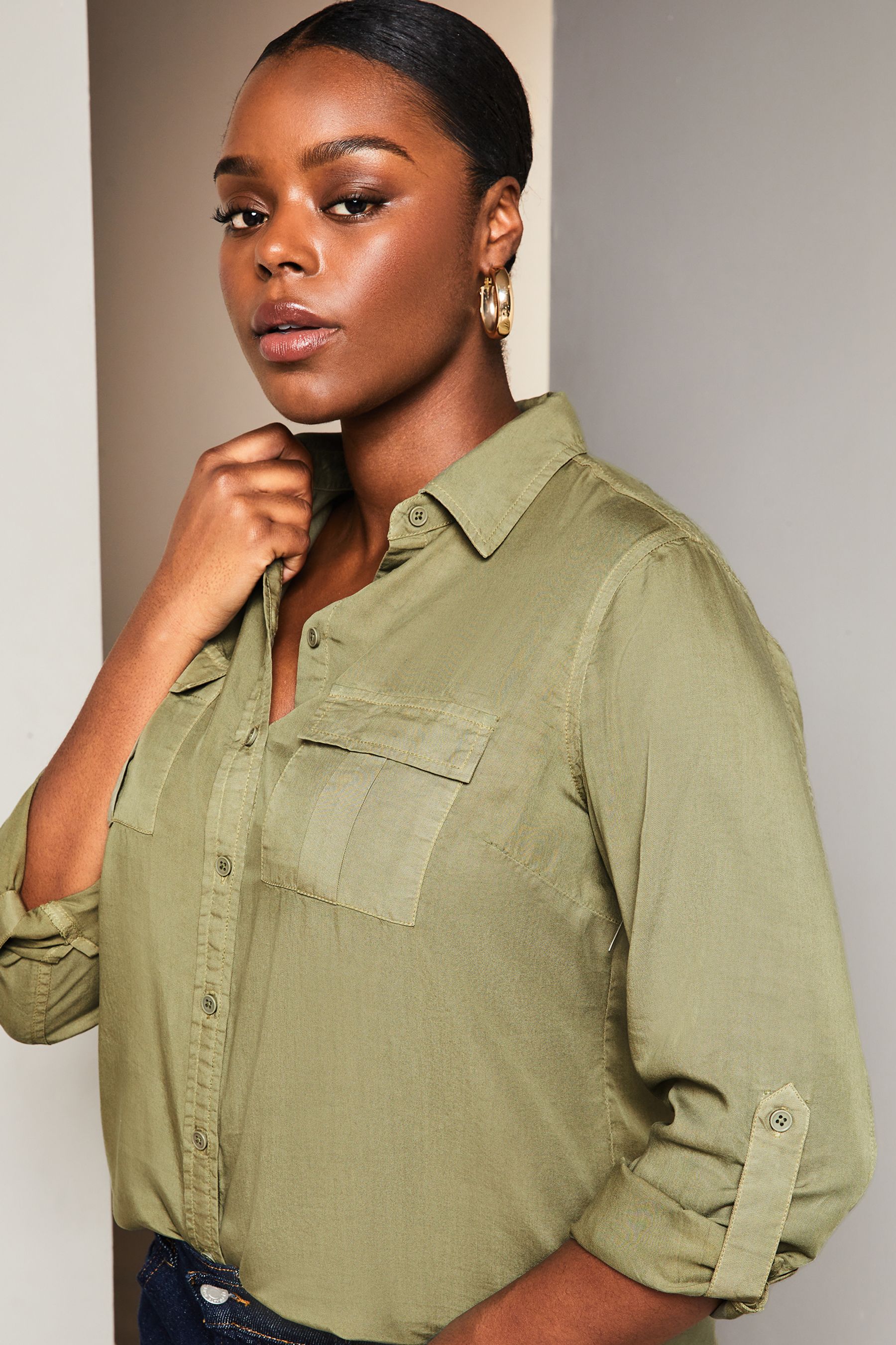 Buy Lipsy Khaki Green Curve TENCEL Pocket Shirt from Next United Arab Emirates