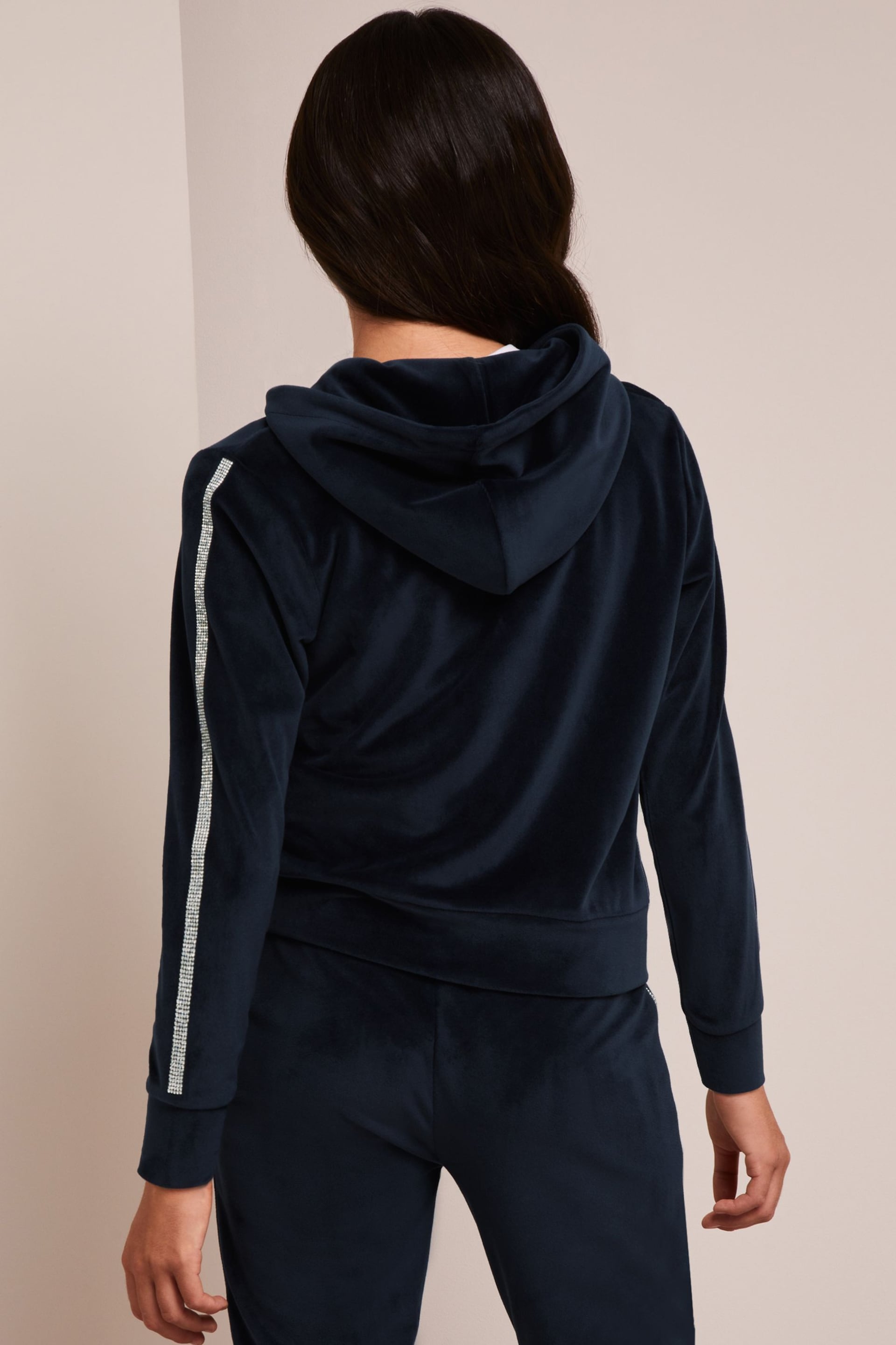 Lipsy Navy Blue Embellished Velour Zip Up Hoodie - Image 3 of 4