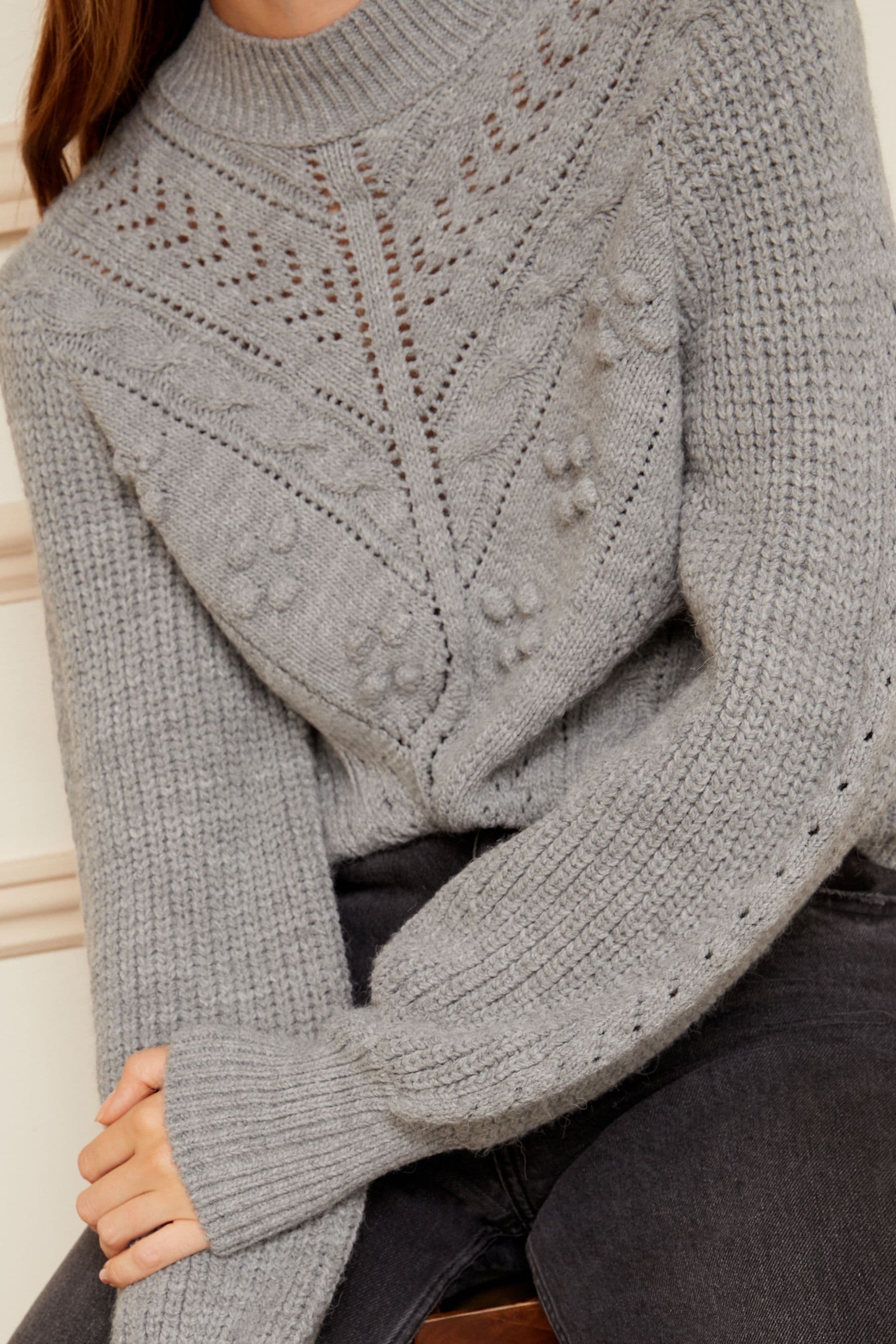 Buy Love Roses Grey Pom Pom Sleeve Crew Neck Knit Jumper from Next Luxembourg
