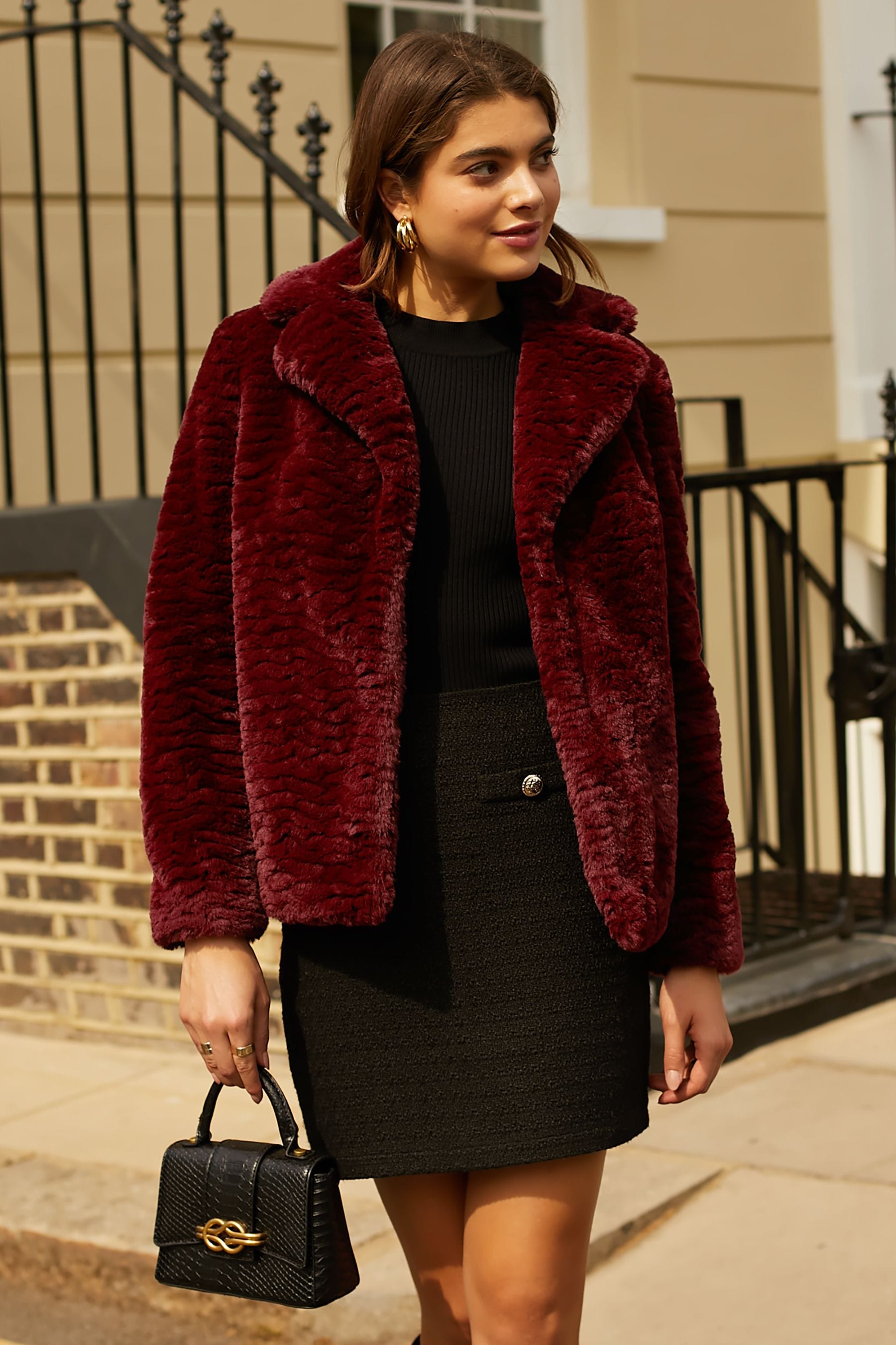 Short red faux fur coat clearance