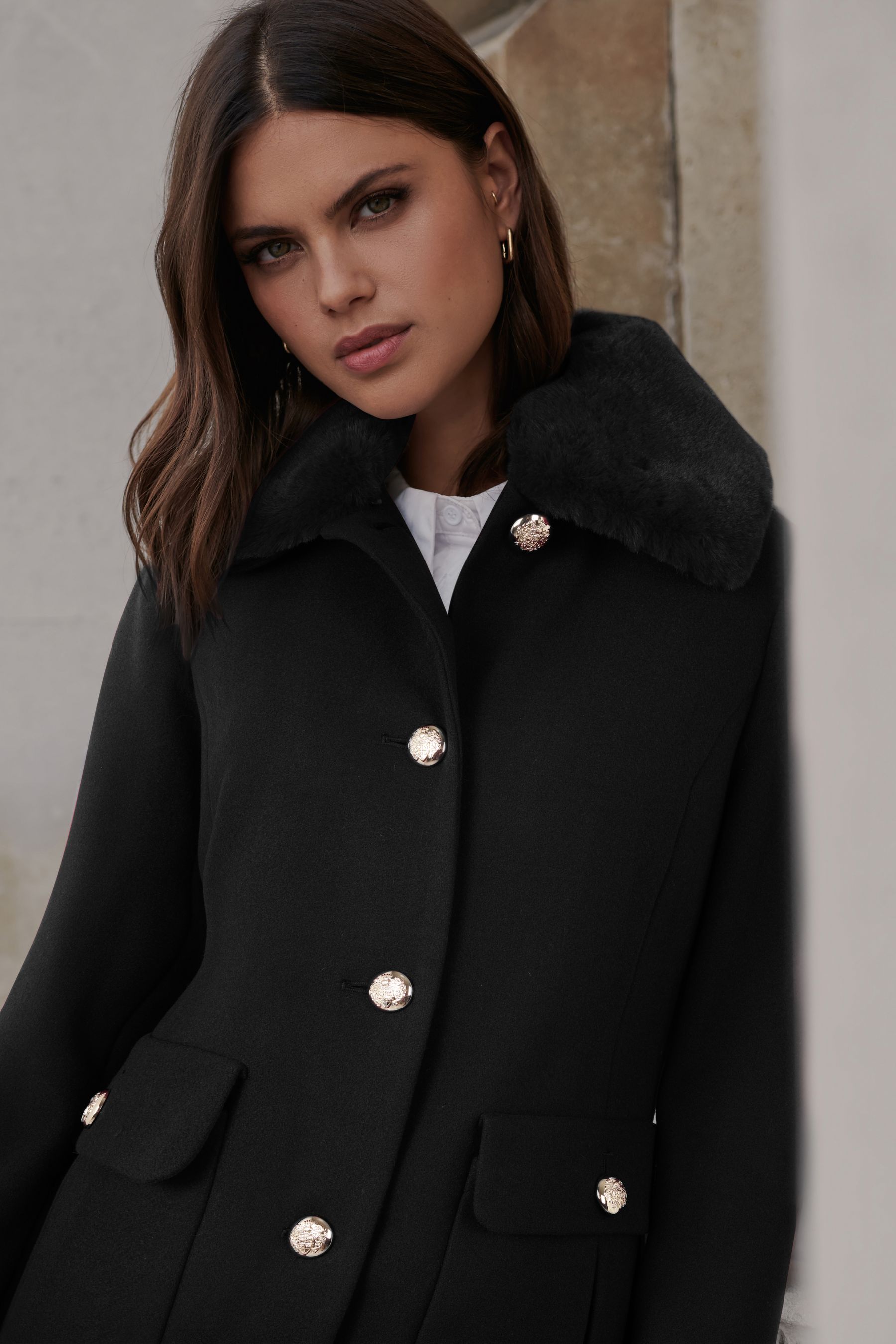 Buy Lipsy Black Regular Faux Fur Collar Princess Coat from Next Luxembourg