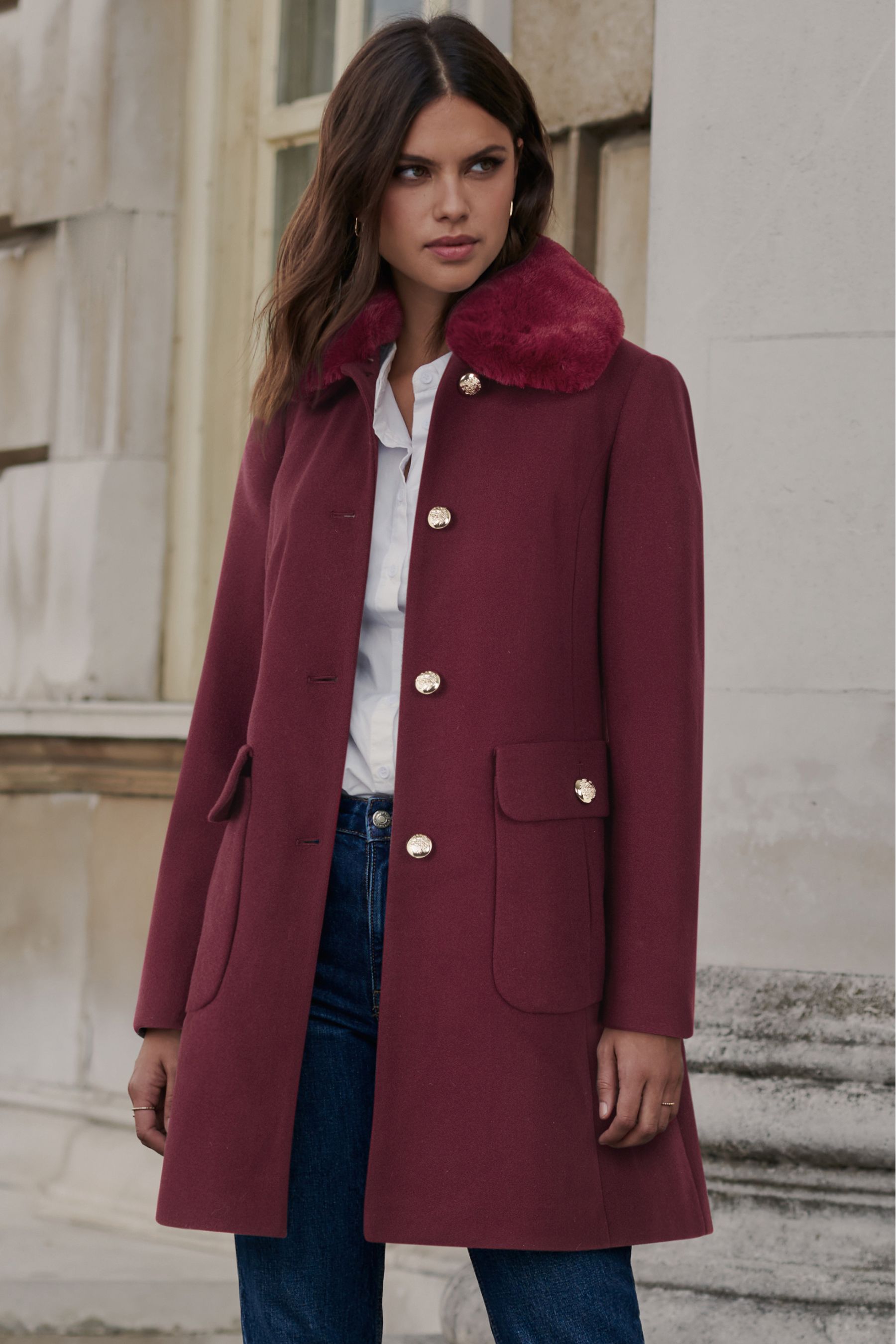 Berry faux fur collar coat outlet