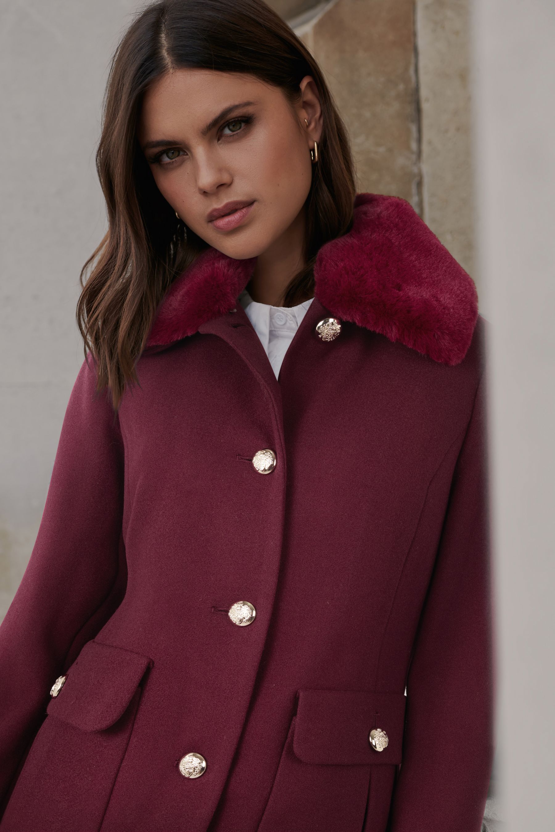 Lipsy Berry Red Regular Faux Fur Collar Princess Coat