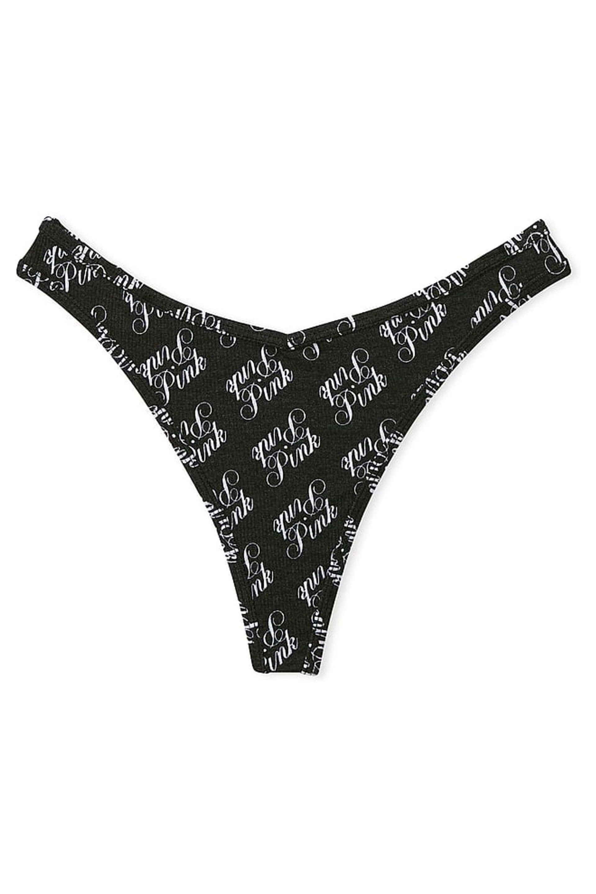Victoria's Secret PINK Pure Black Script Print Rib Cotton Thong Knickers - Image 4 of 4