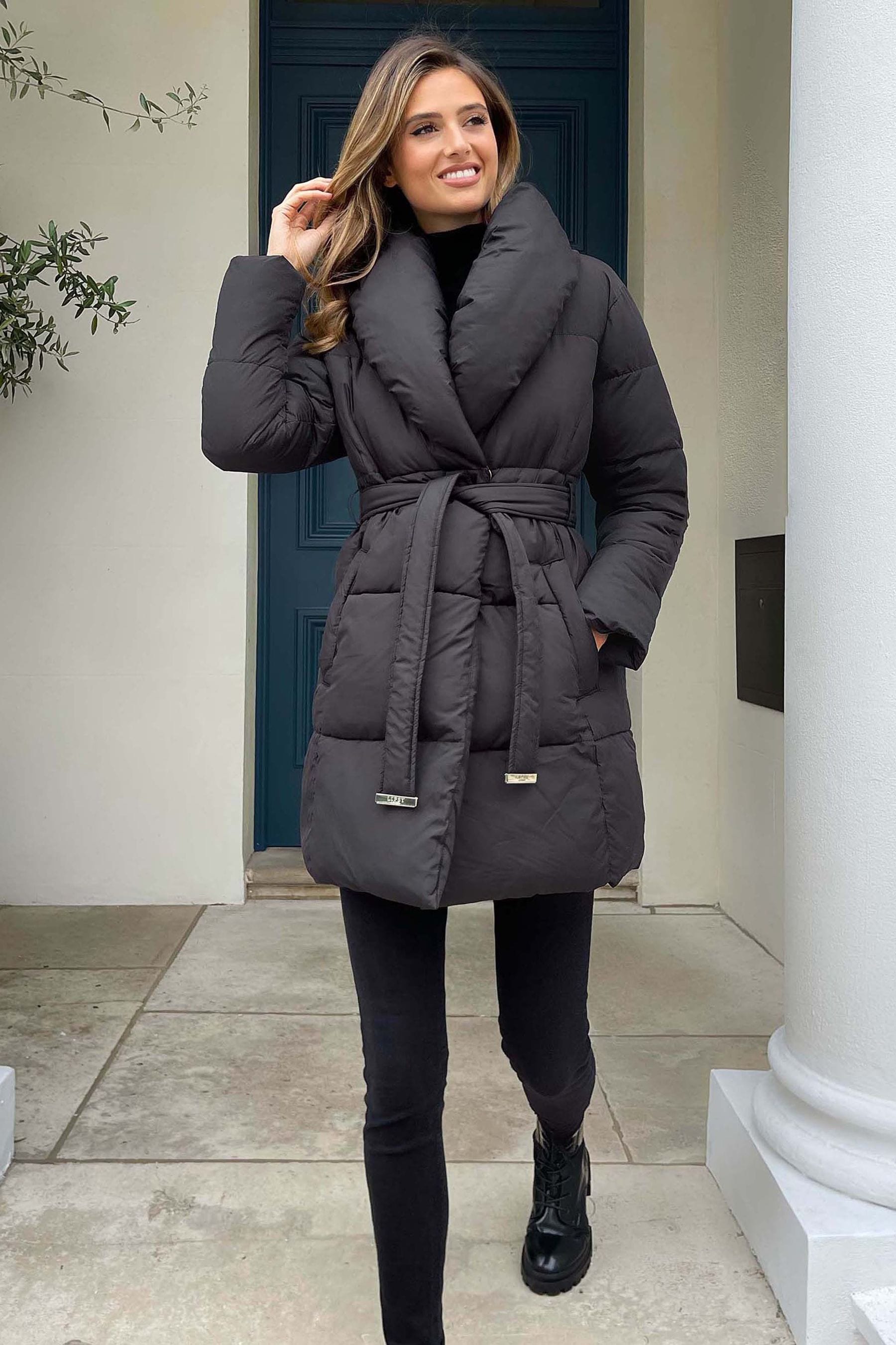 Puffer coat with wrap collar online