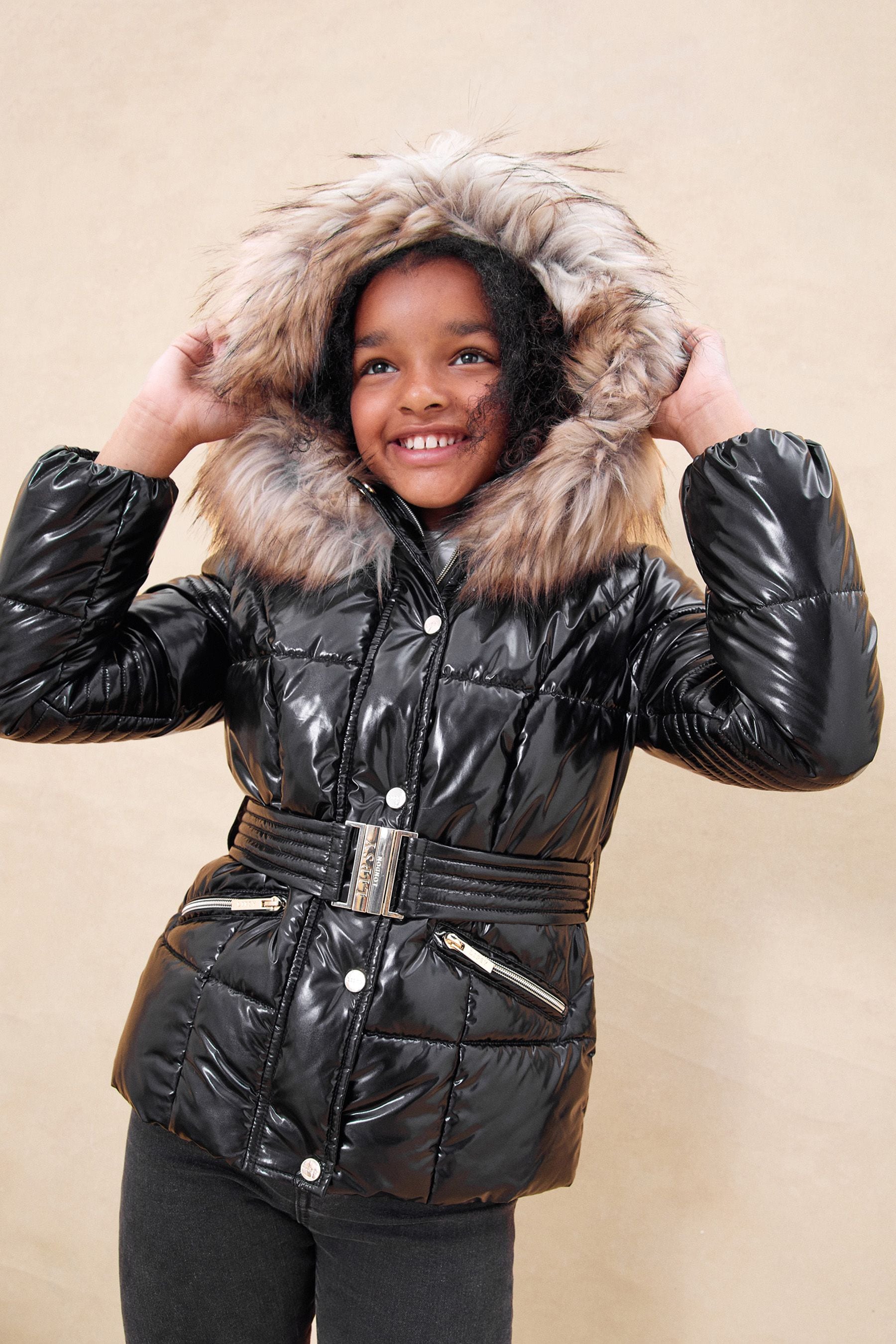 Black high shine padded coat discount