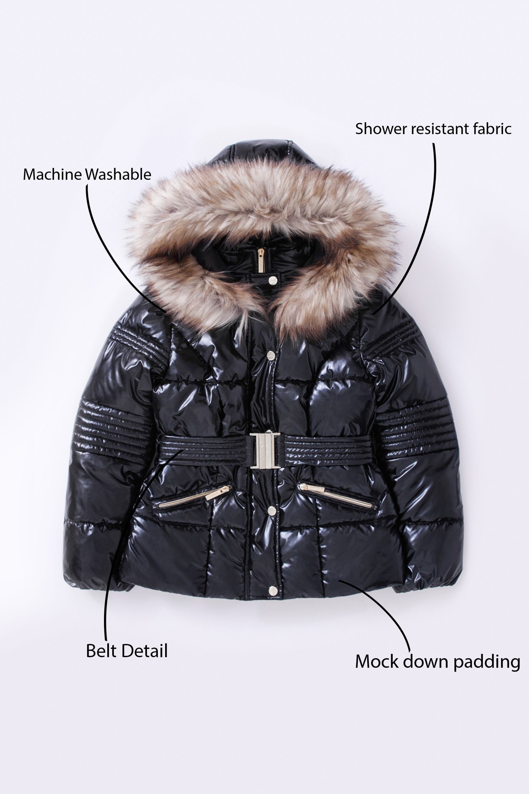 High shine hooded padded coat with faux fur trim clearance