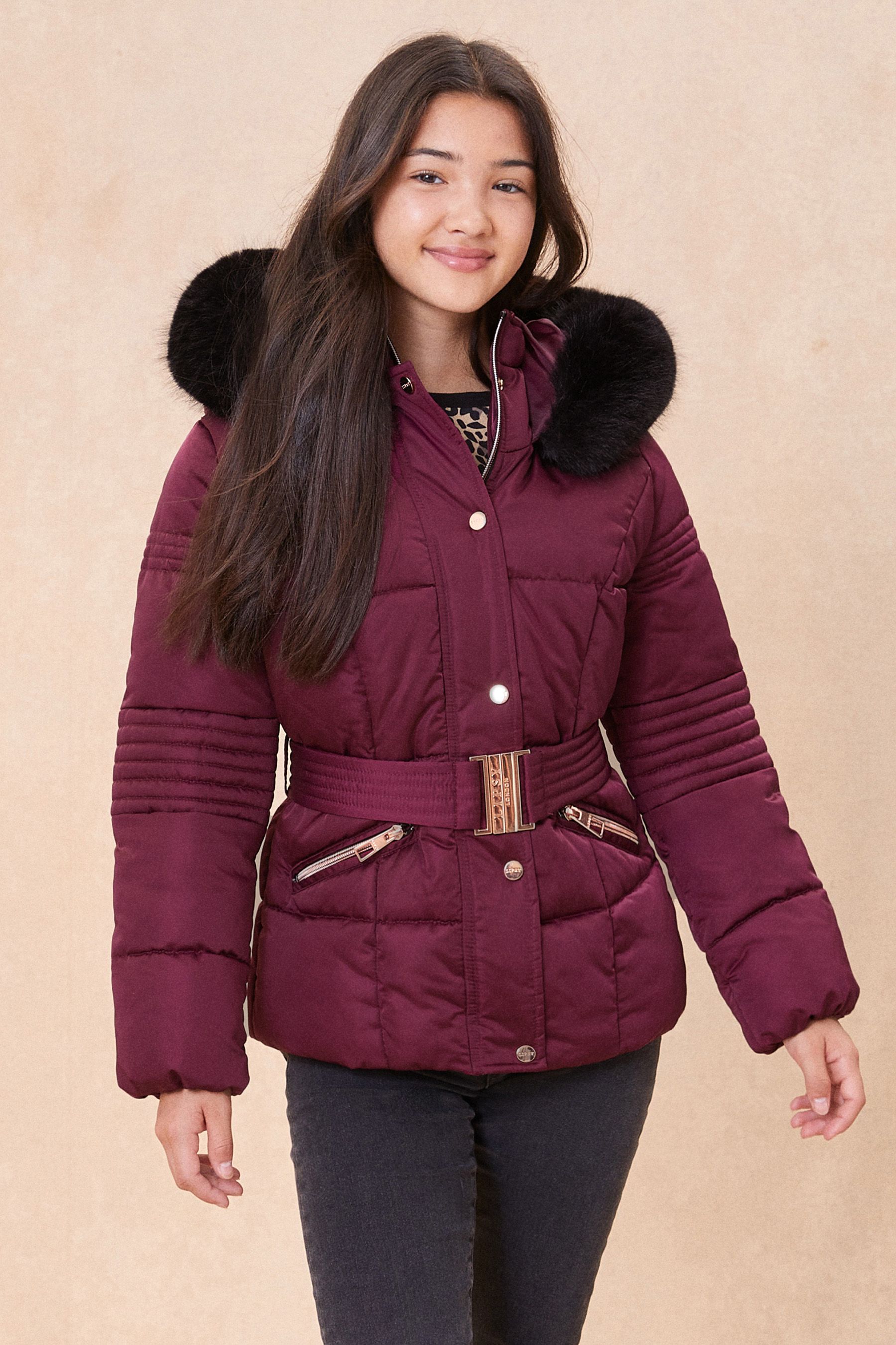 Buy Lipsy Berry Red Satin Short Belted Padded Coat from Next Luxembourg