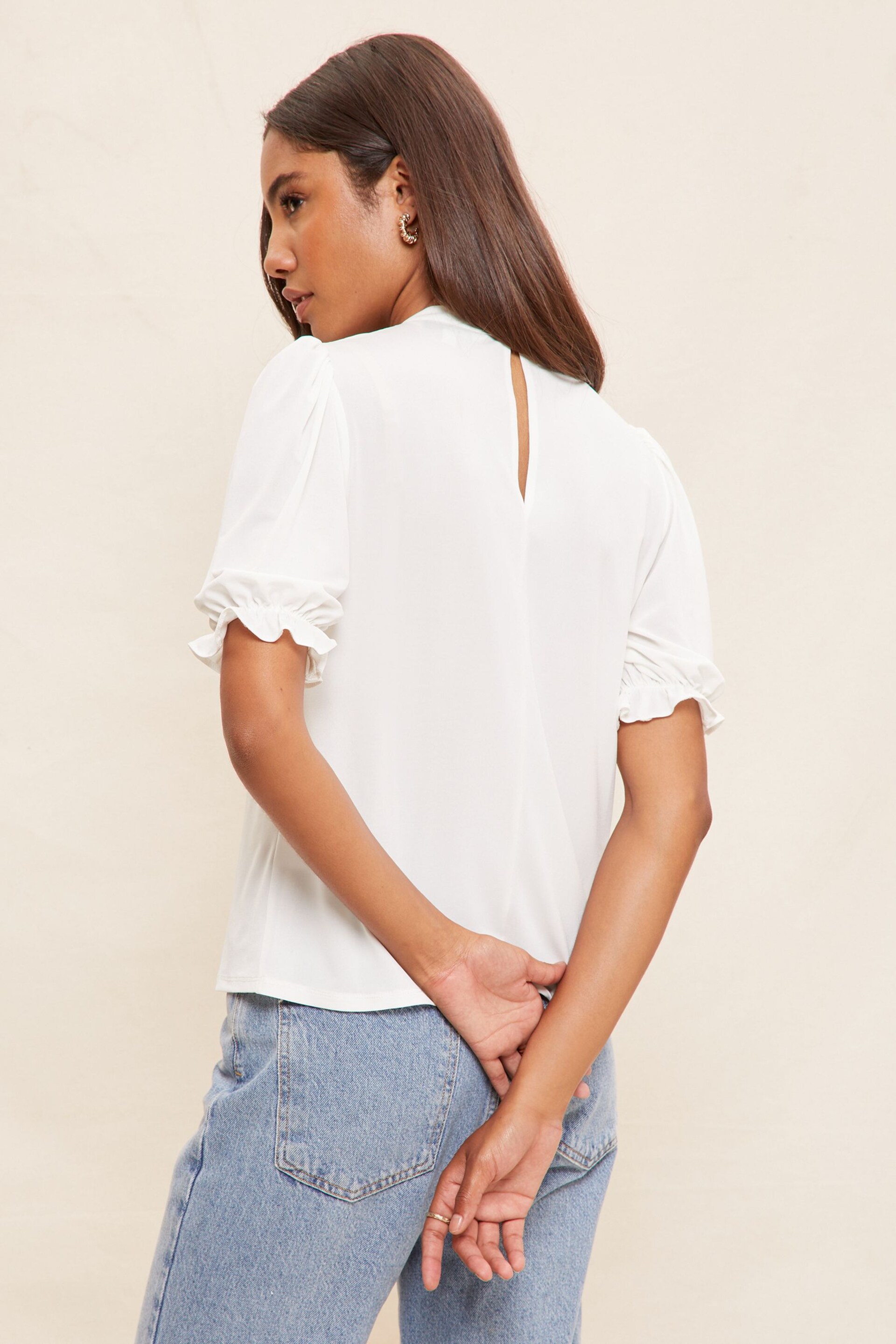 Friends Like These White Lace Yoke High Neck Short Puff Sleeve Blouse - Image 4 of 4