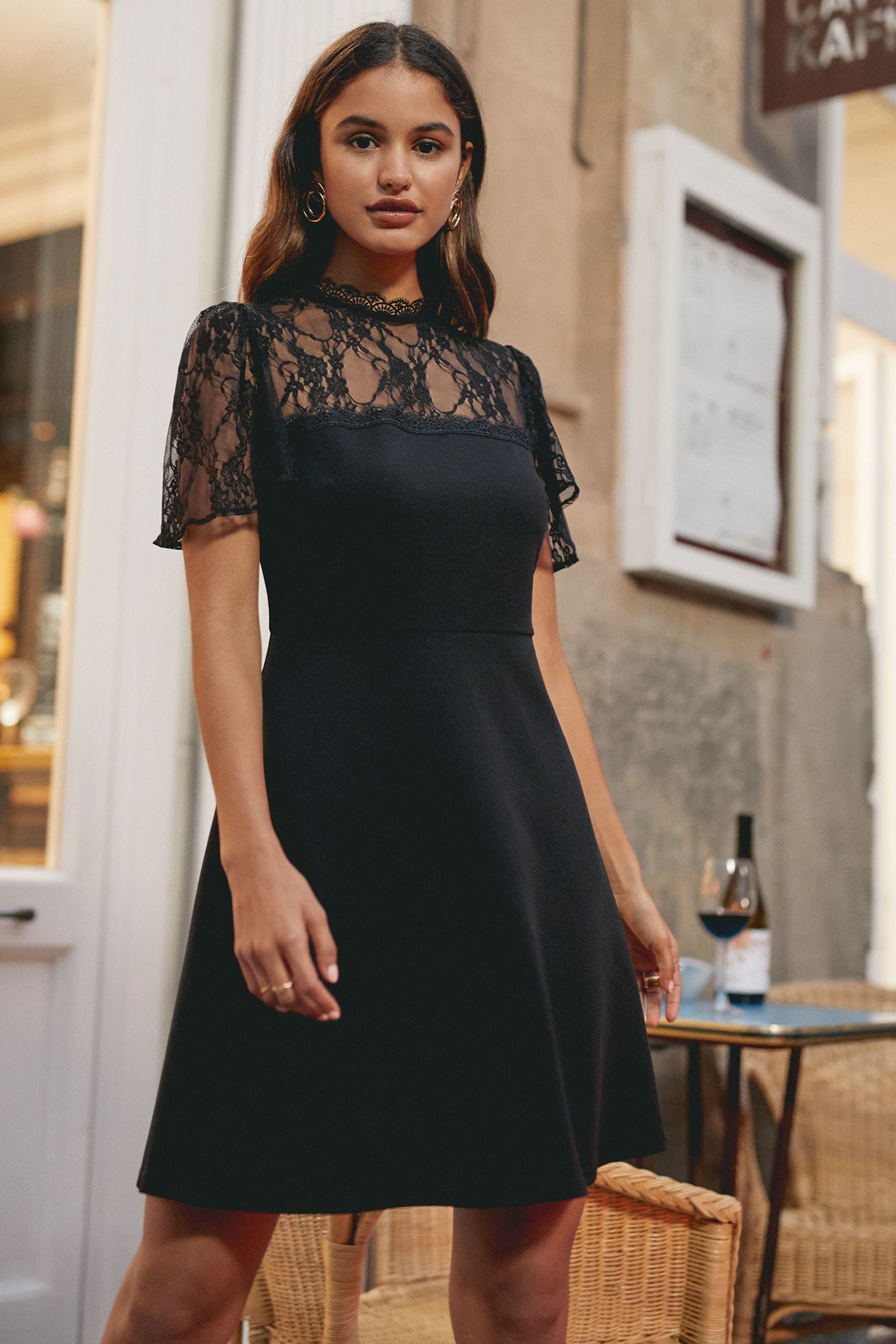 Buy Friends Like These Black Lace Yoke Flutter Sleeve Mini Dress from Next Luxembourg