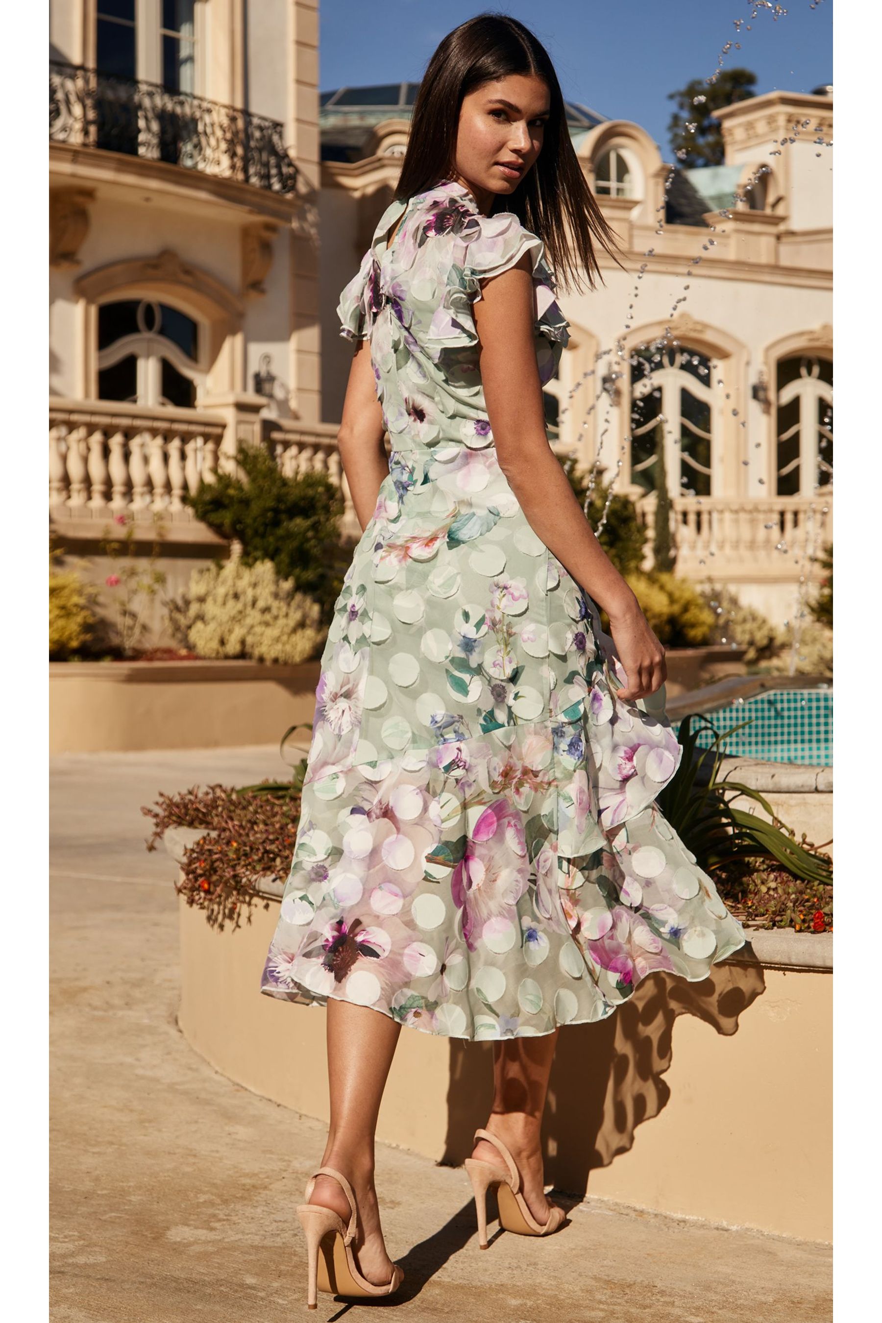Buy Lipsy Green Printed Keyhole Ruffle Fit and Flare Midi Dress from Next Luxembourg