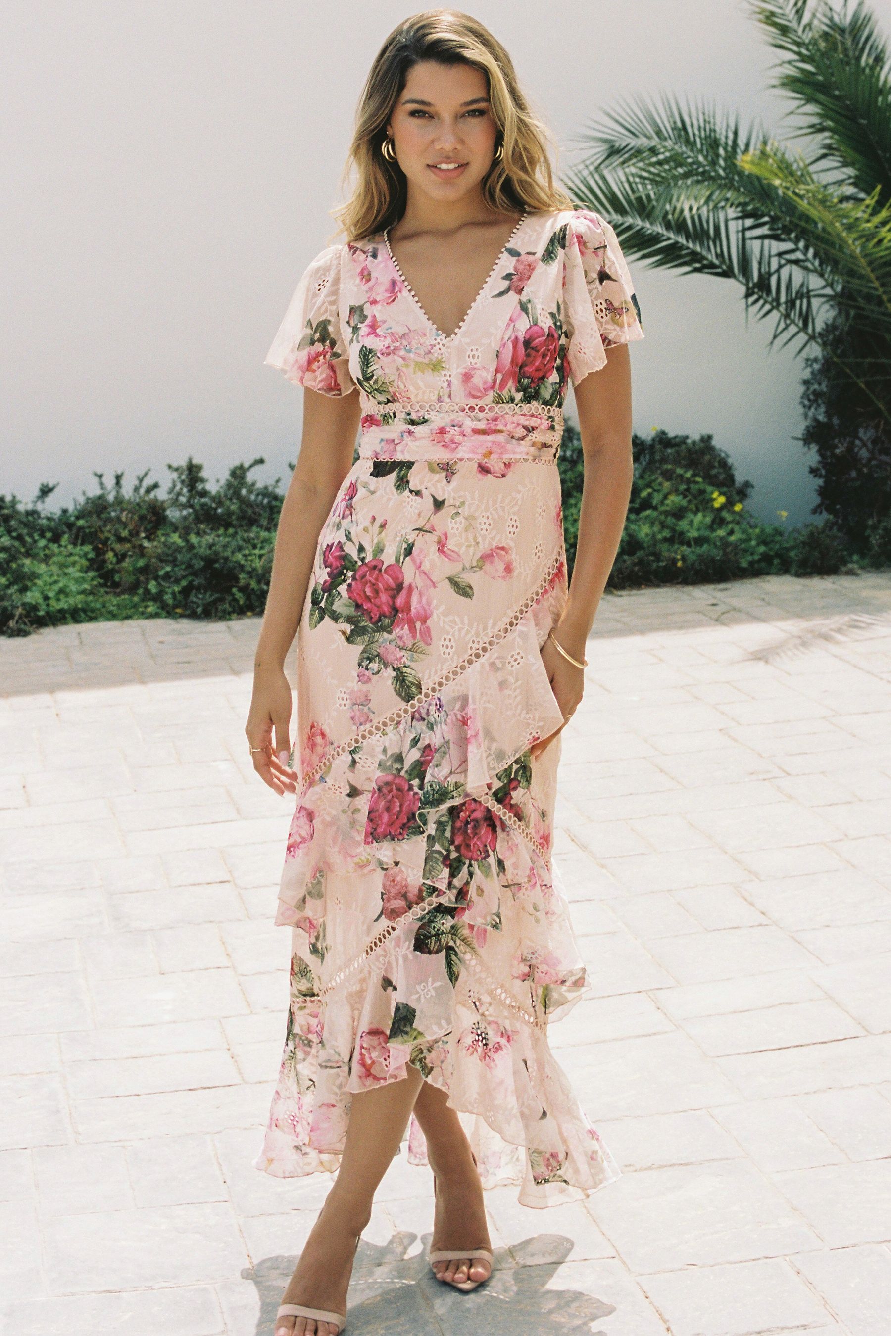 Buy Lipsy Pink Premium Tiered Broderie Midi Dress from Next Luxembourg