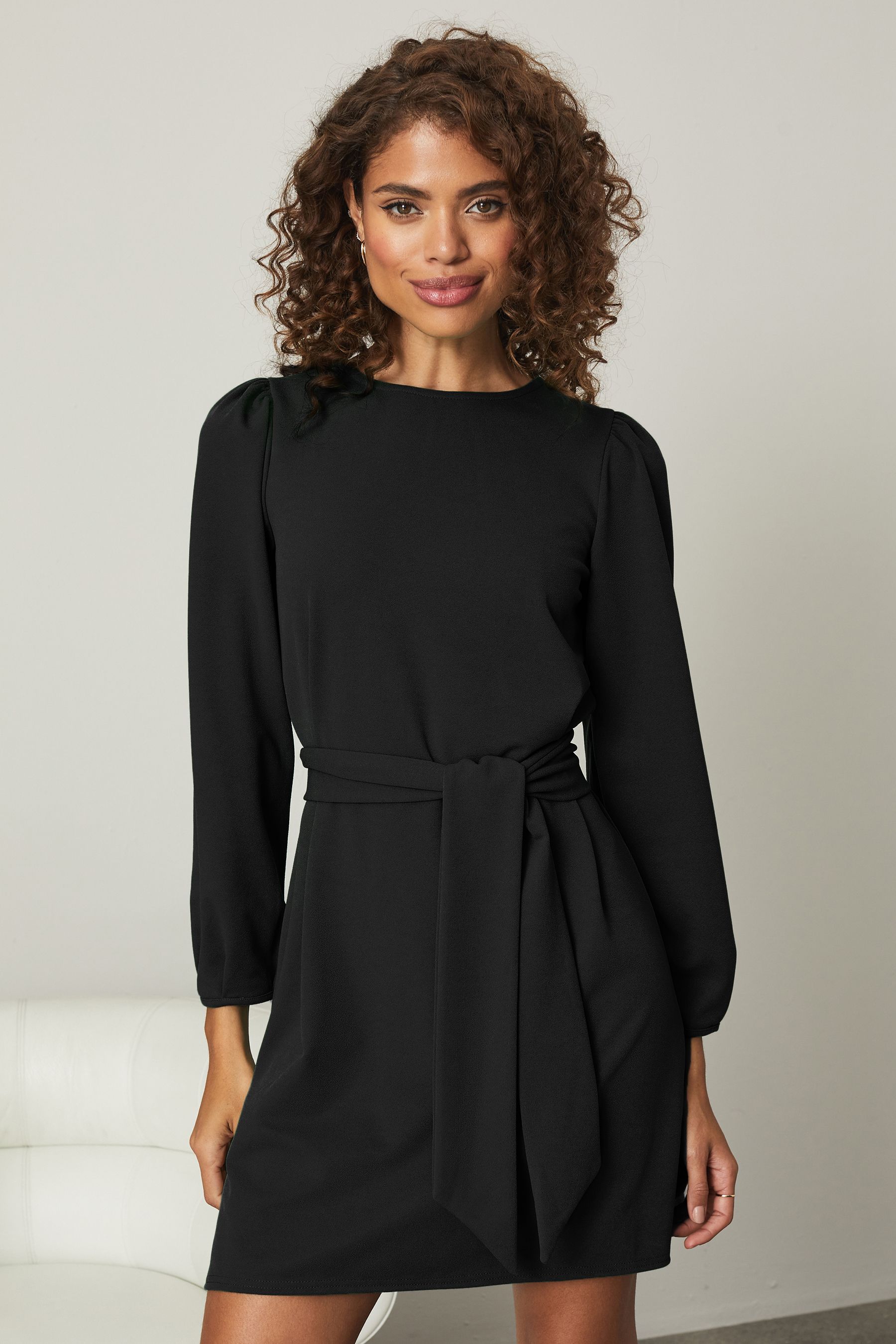 Lipsy Black Petite Long Sleeve Round Neck Tie Waist Shift Dress