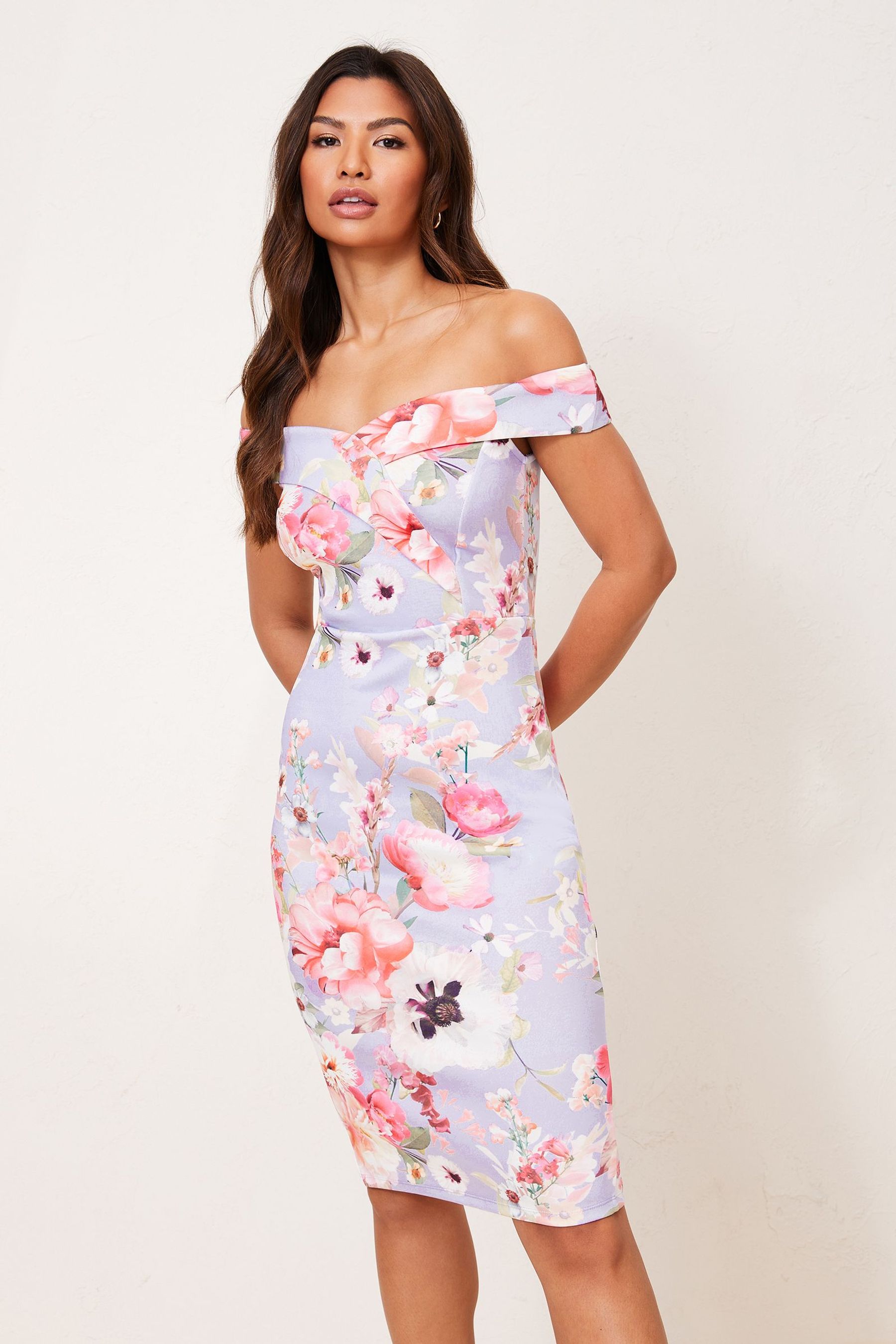Buy Lipsy Lilac Floral Scuba Bardot Bodycon Dress from Next Luxembourg