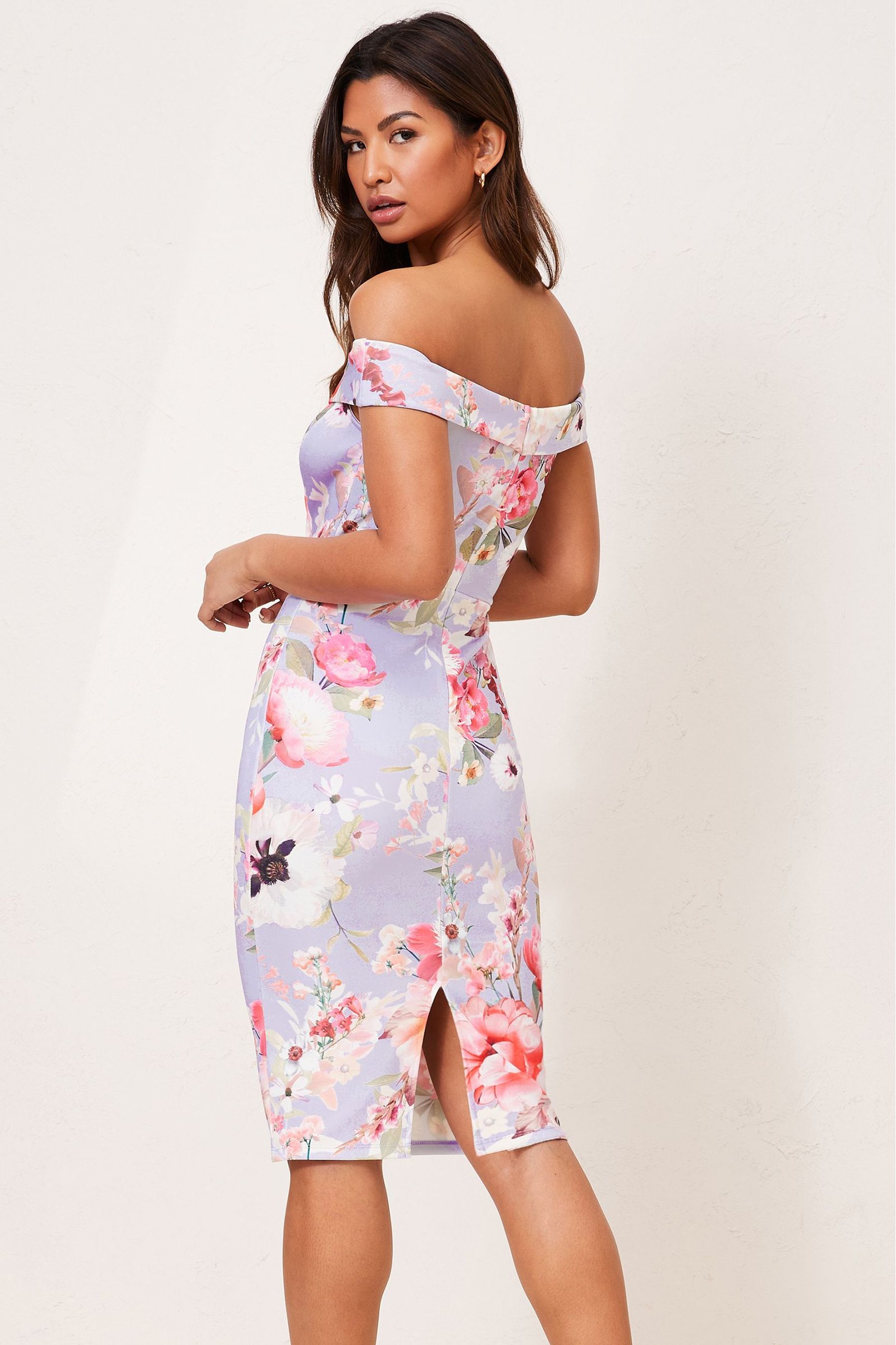 Buy Lipsy Lilac Floral Scuba Bardot Bodycon Dress from Next Luxembourg
