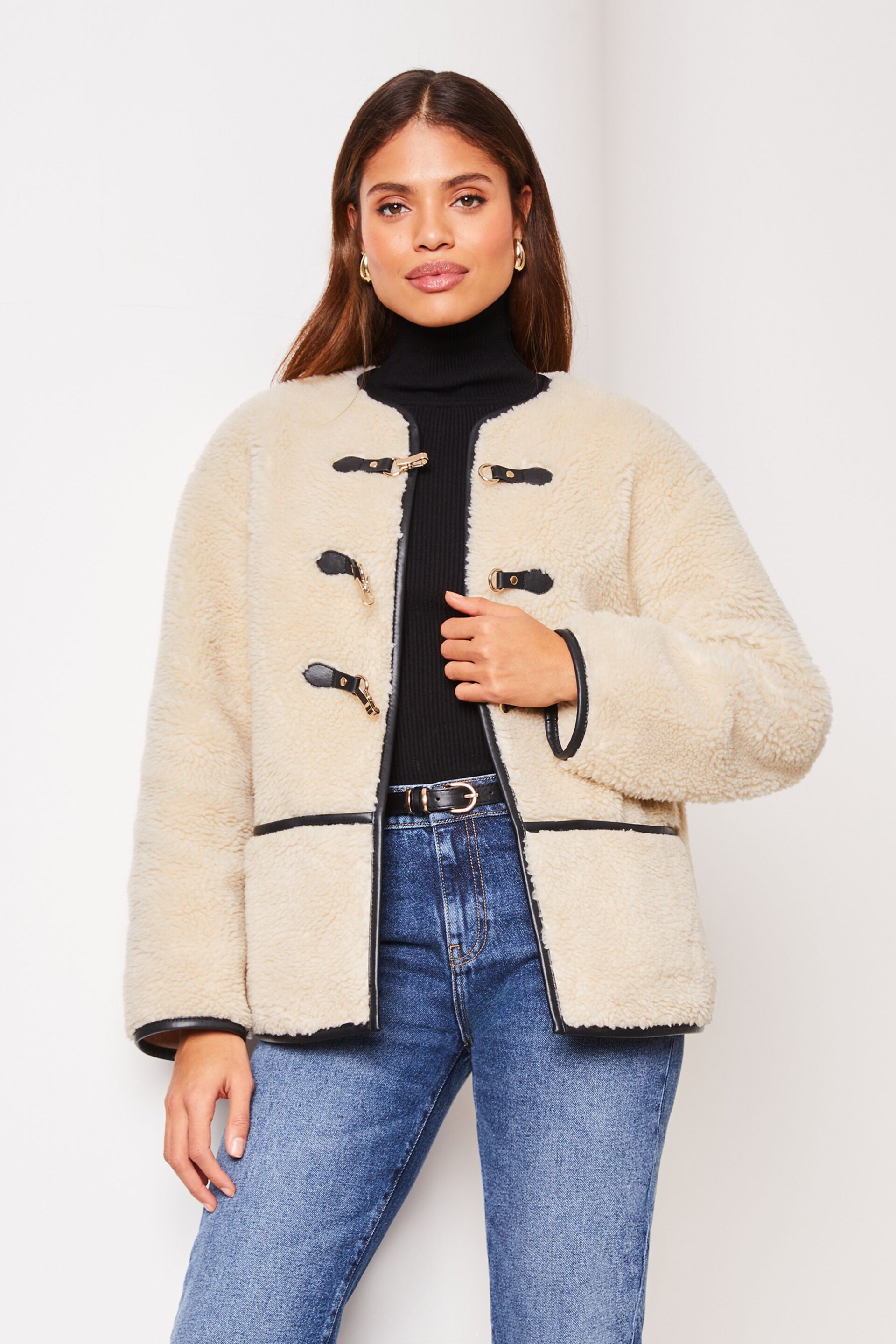 Lipsy Cream Petite Shearling Clasp Detail Jacket - Image 1 of 4