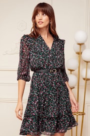 Love & Roses Black Floral Chiffon V Neck Elasticated Sleeve Belted Mini Dress - Image 1 of 4