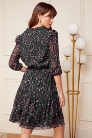 Love & Roses Black Floral Chiffon V Neck Elasticated Sleeve Belted Mini Dress - Image 3 of 4