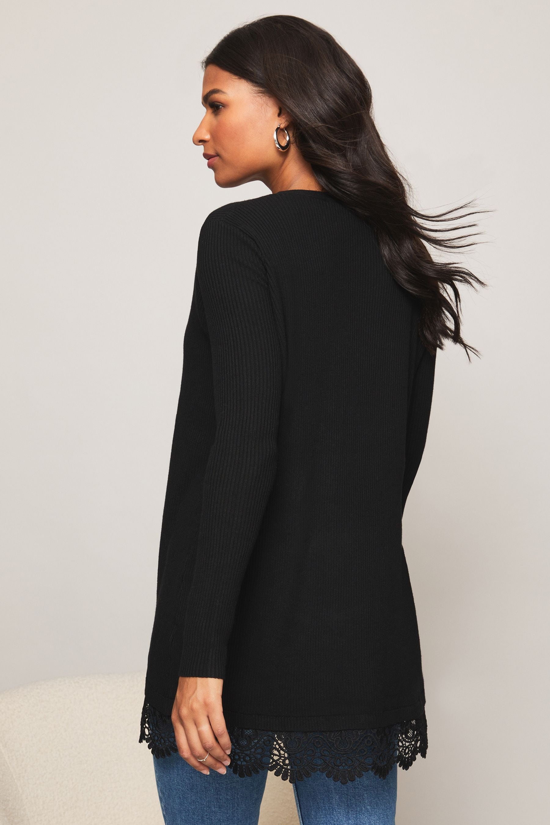Buy Lipsy Black Regular Lace Hem Longline Knitted Cardigan from Next Luxembourg