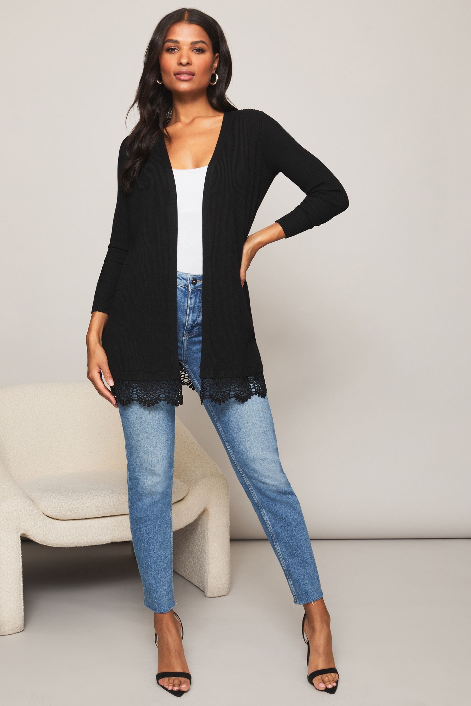 Buy Lipsy Black Regular Lace Hem Longline Knitted Cardigan from Next Luxembourg