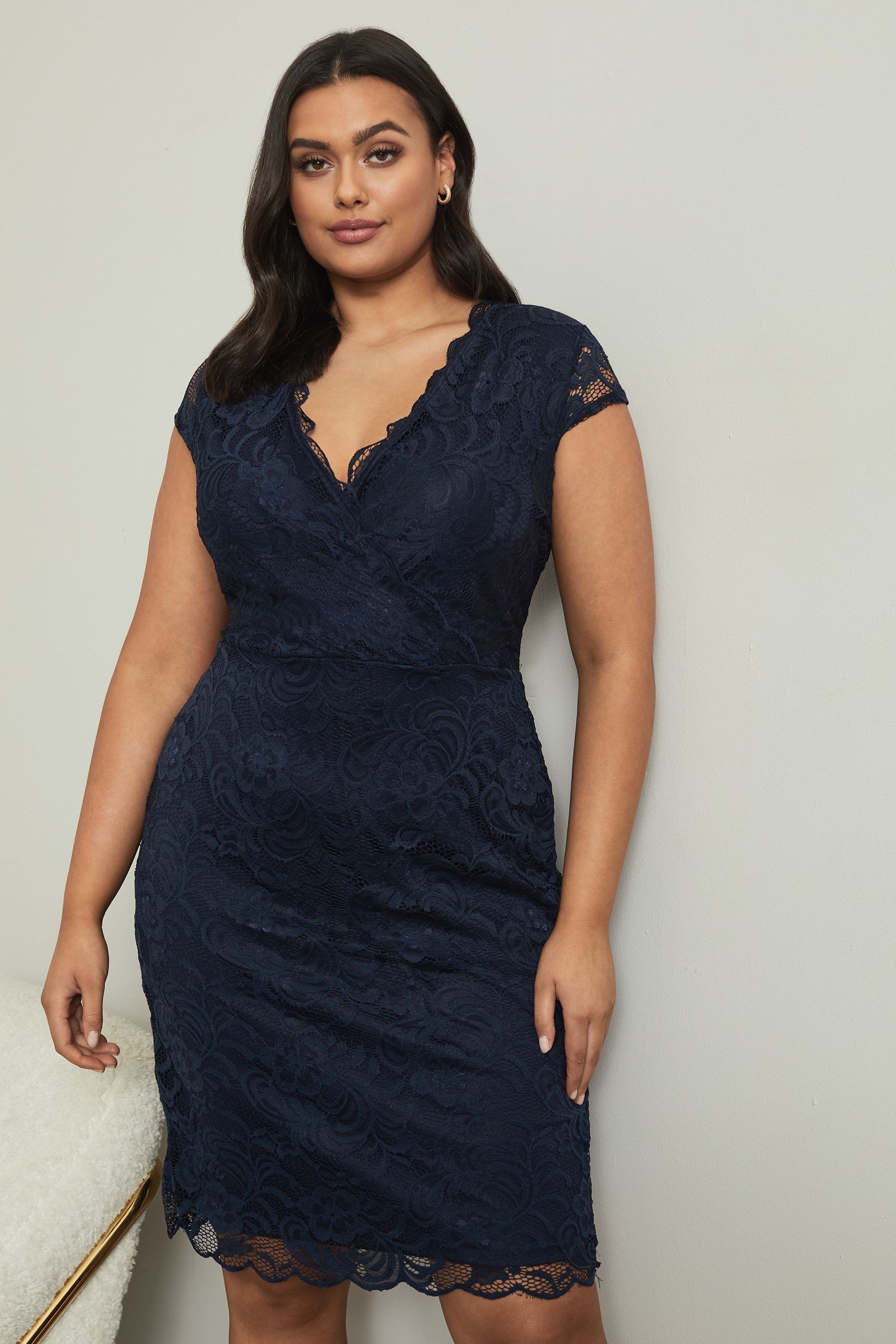 Buy Lipsy Blue Curve Short Sleeve V Neck Lace Bodycon Dress from Next Luxembourg