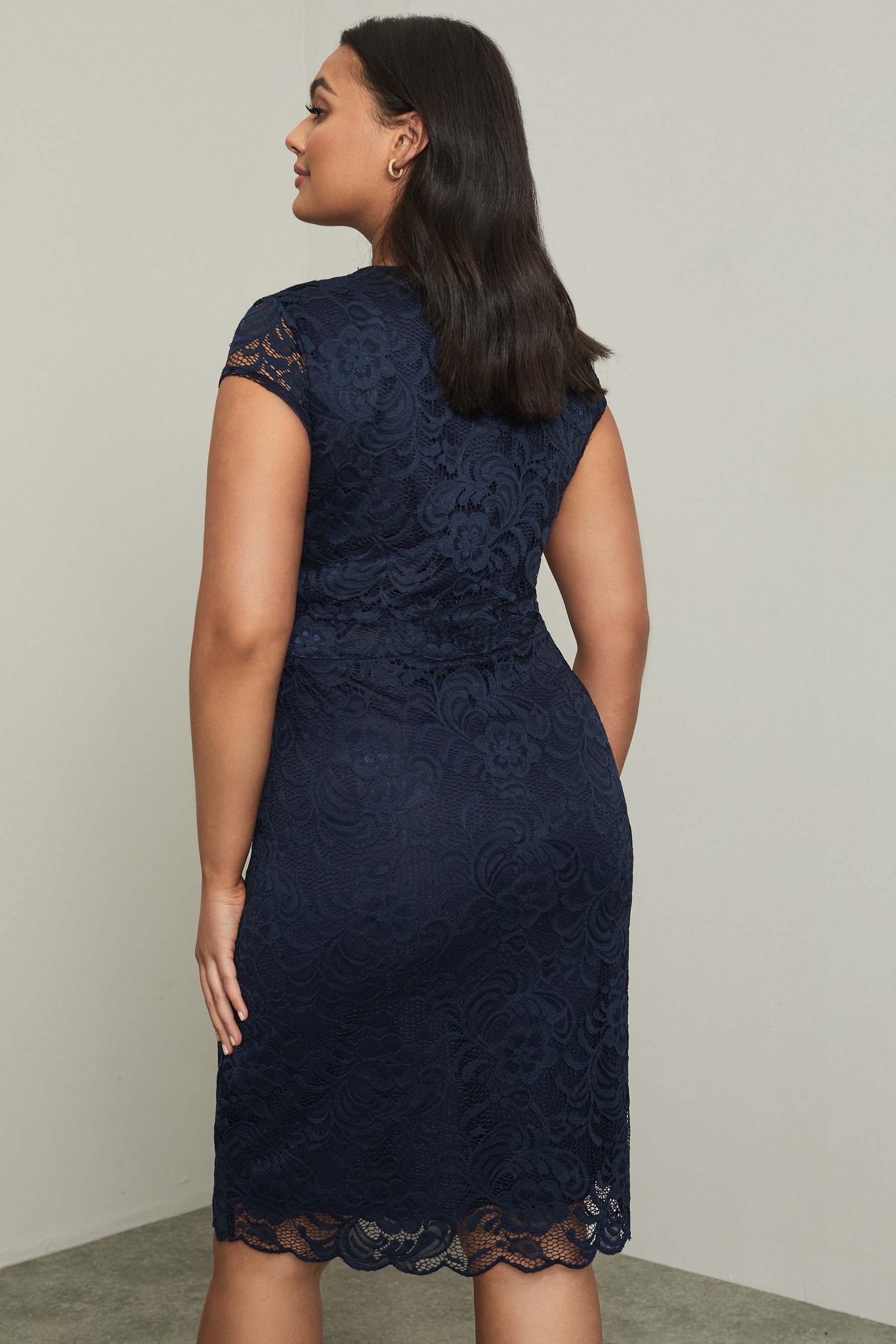 Buy Lipsy Blue Curve Short Sleeve V Neck Lace Bodycon Dress from Next Luxembourg