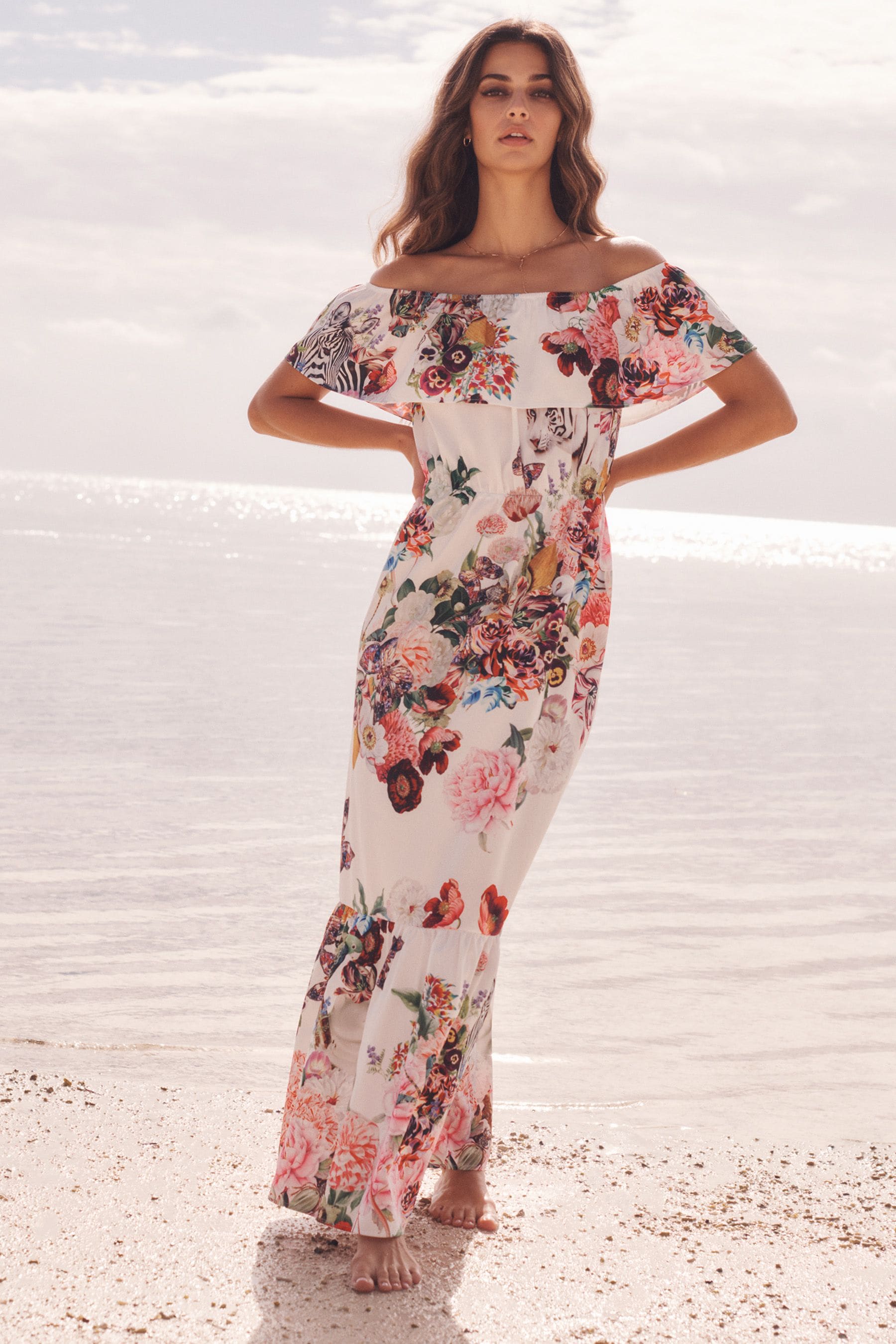 Buy Mary Katrantzou x Lipsy White Floral Tiered Bardot Maxi Dress from Next Slovenia