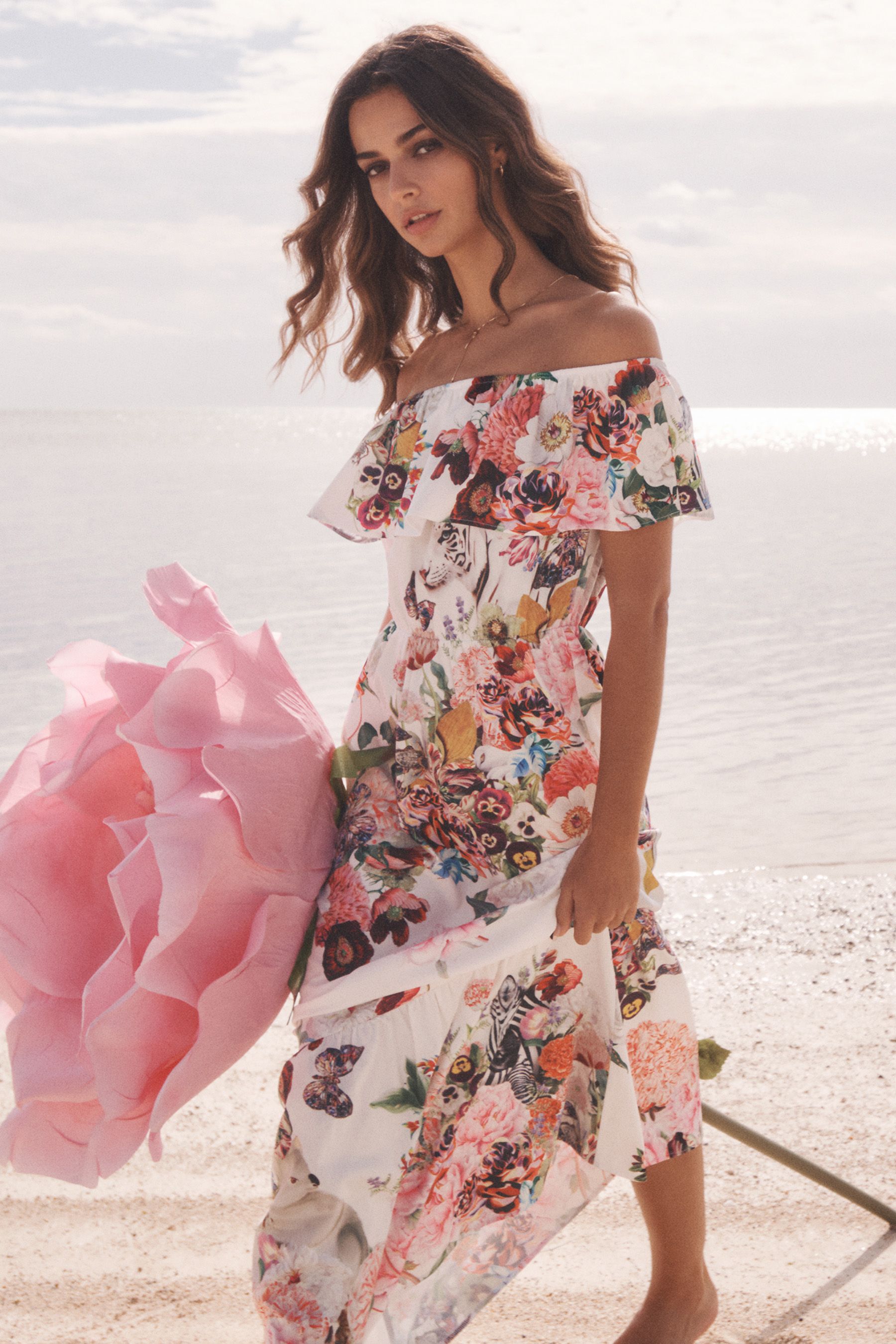 Buy Mary Katrantzou x Lipsy White Floral Tiered Bardot Maxi Dress from Next Slovenia