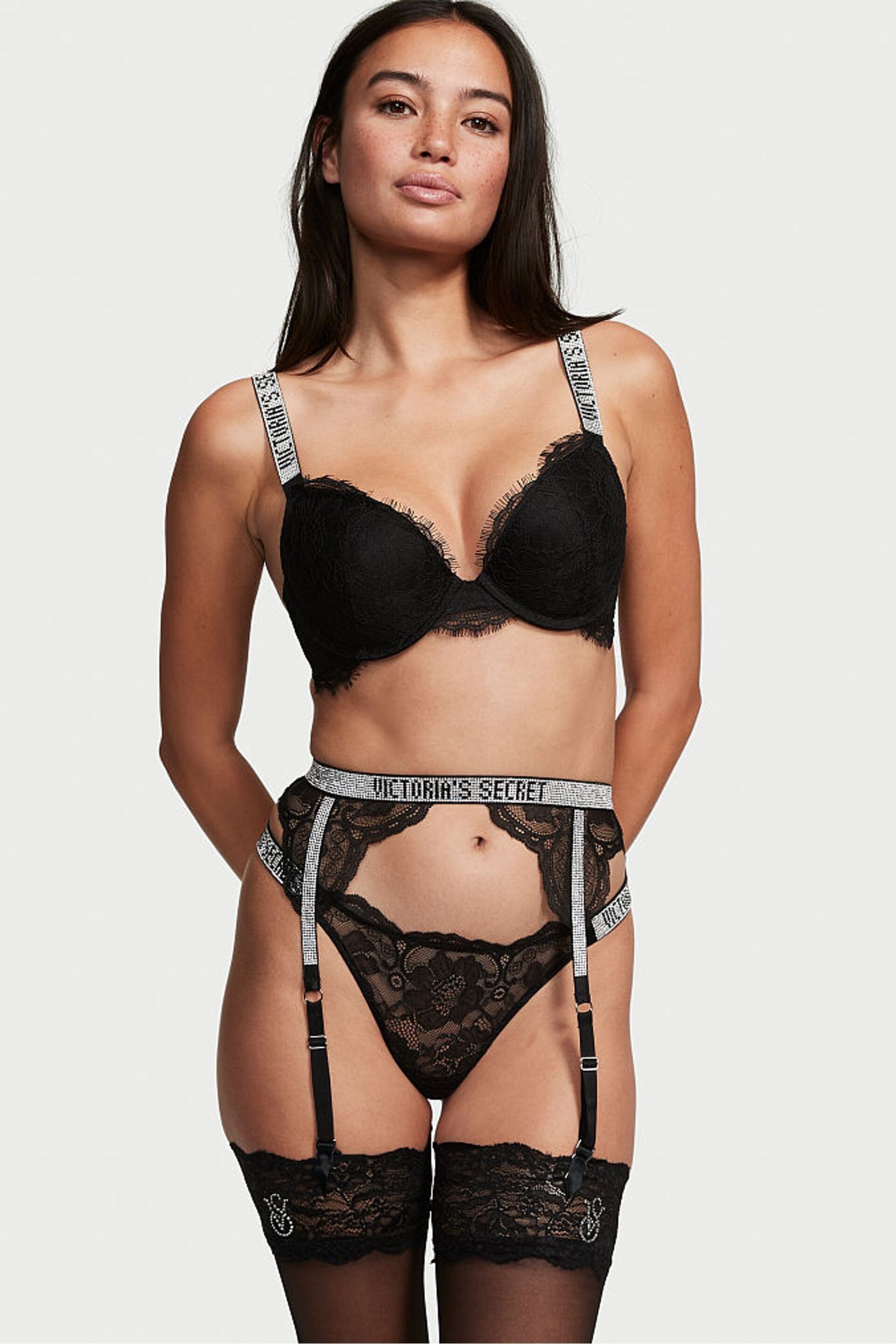 Victoria's Secret Black Lace Shine Strap Suspenders - Image 1 of 4