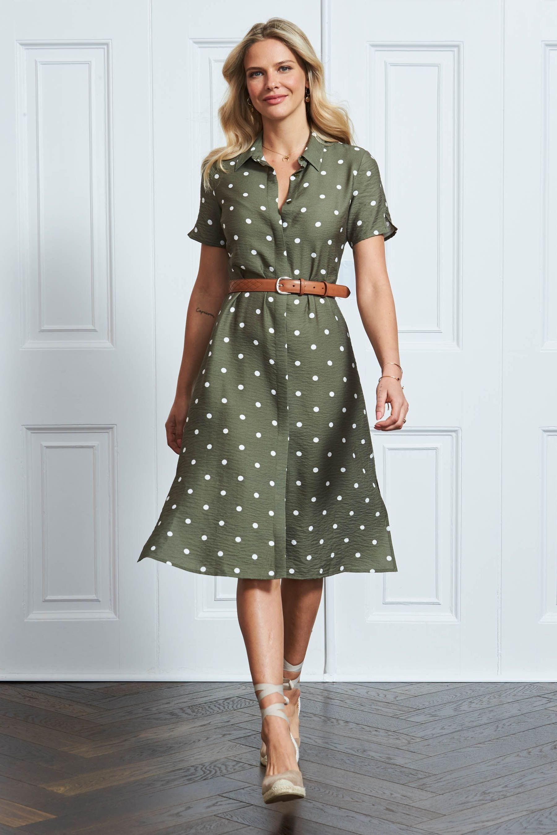 Buy Sosandar Green Spot Print Short Sleeve Tie Waist Shirt Dress from Next Ireland