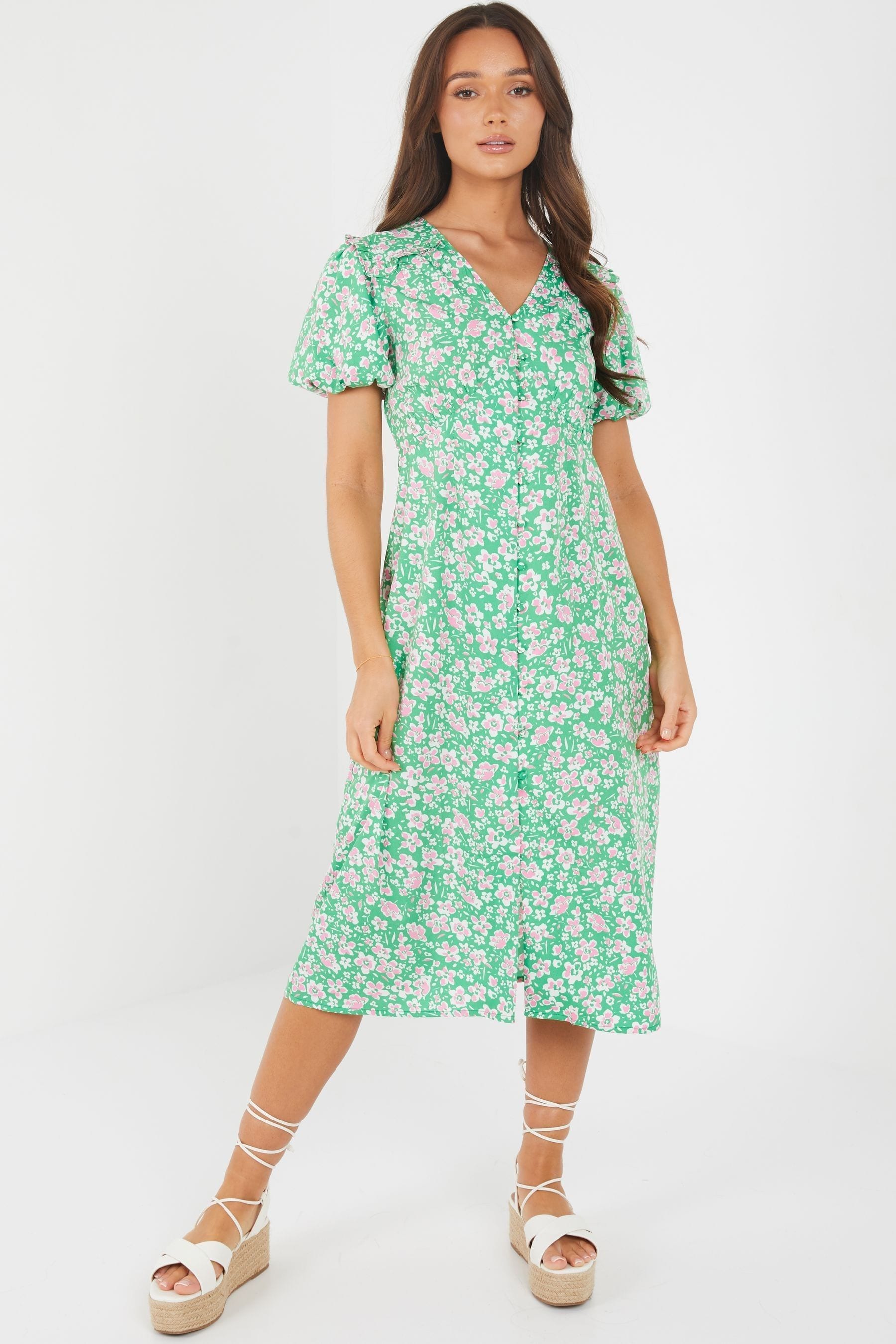 Buy Quiz Green Floral Print Buttoned Midi Dress from Next Ireland