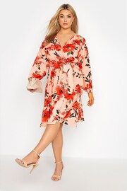 Yours Curve Pink Floral Bellow Sleeve Wrap Dress - Image 2 of 4