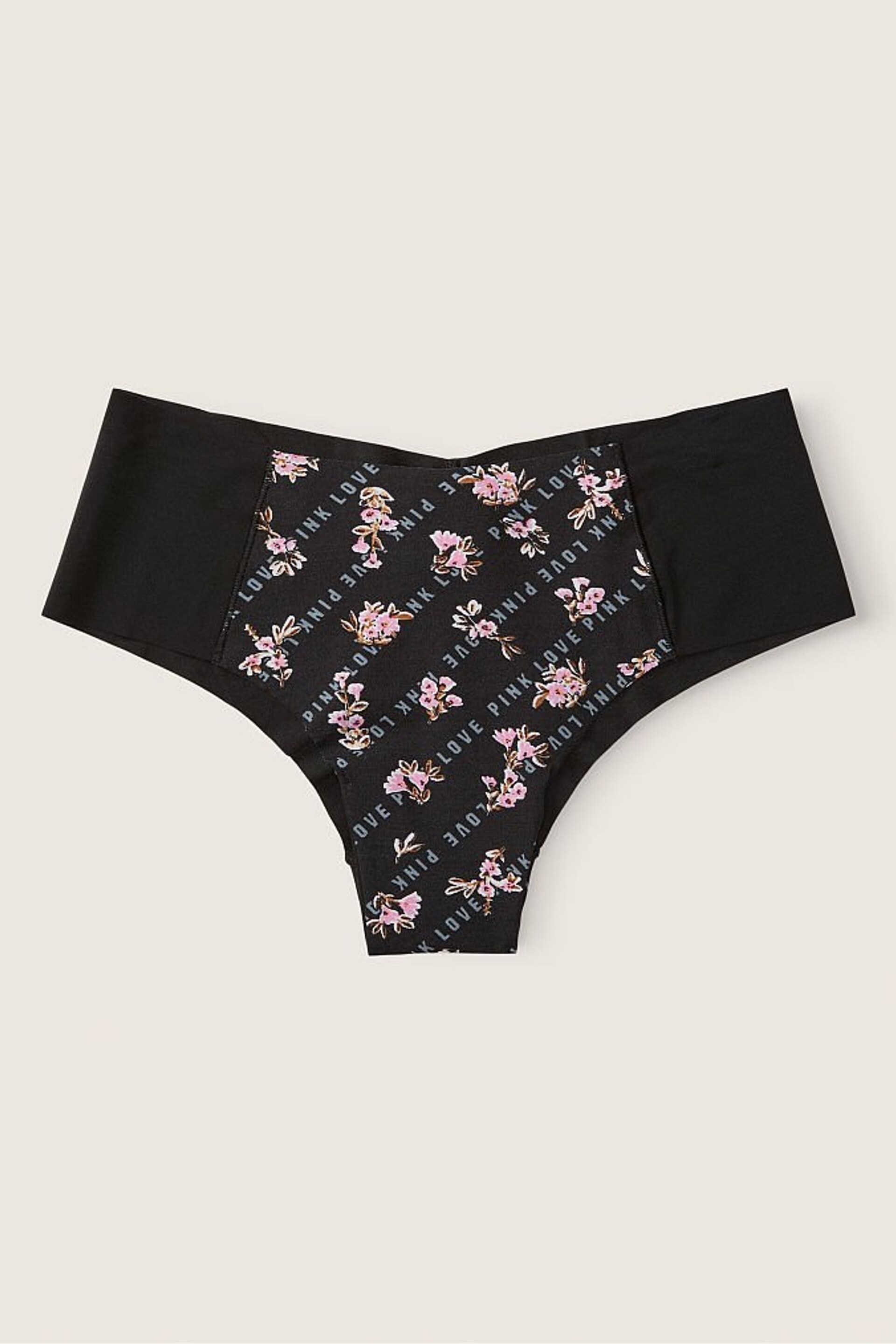 Victoria's Secret PINK Logo Floral Pure Black No Show Cheeky Knickers - Image 2 of 2
