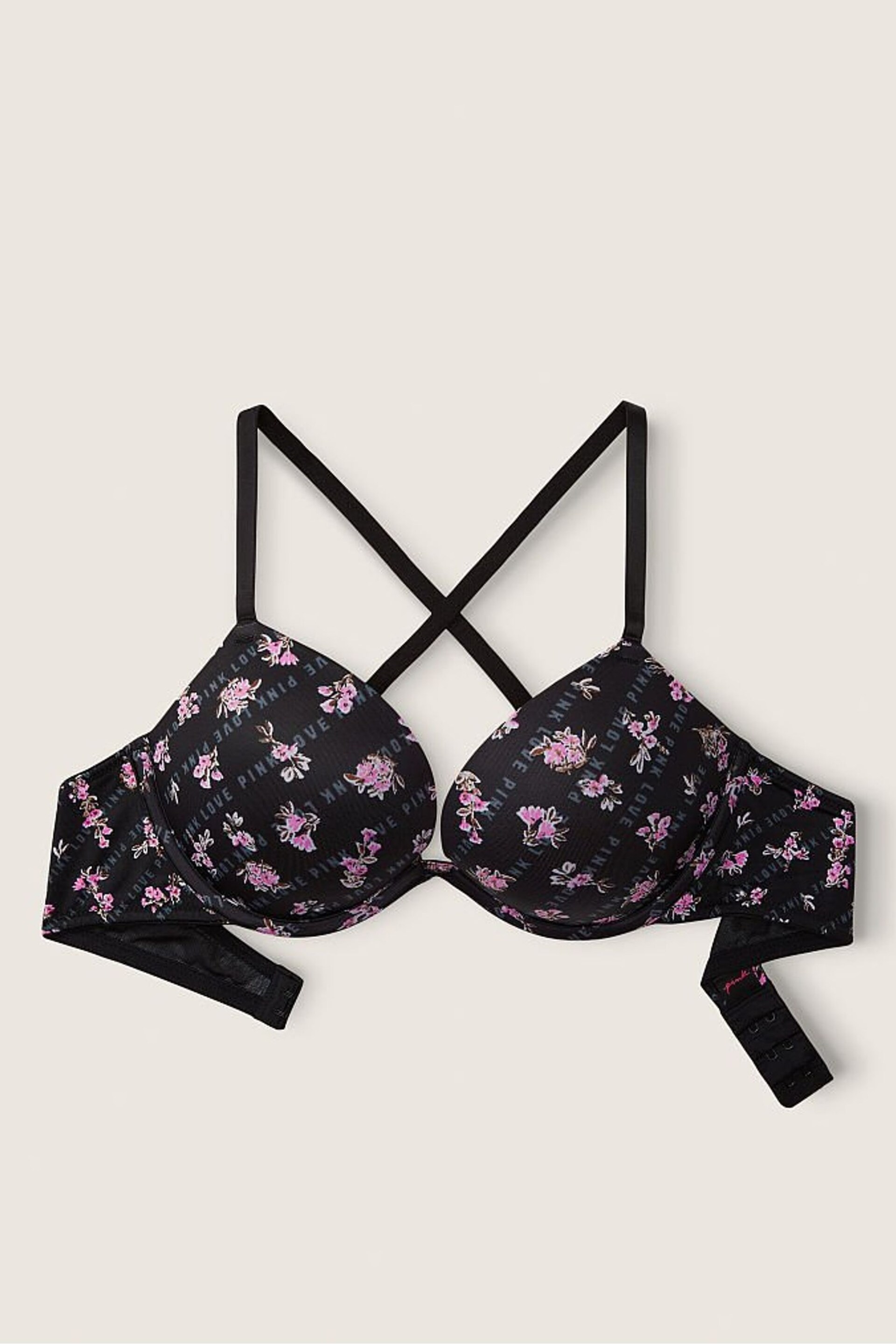 Victoria's Secret PINK Pure Black Logo Floral Add 2 Cups Smooth Push Up T-Shirt Bra - Image 2 of 2