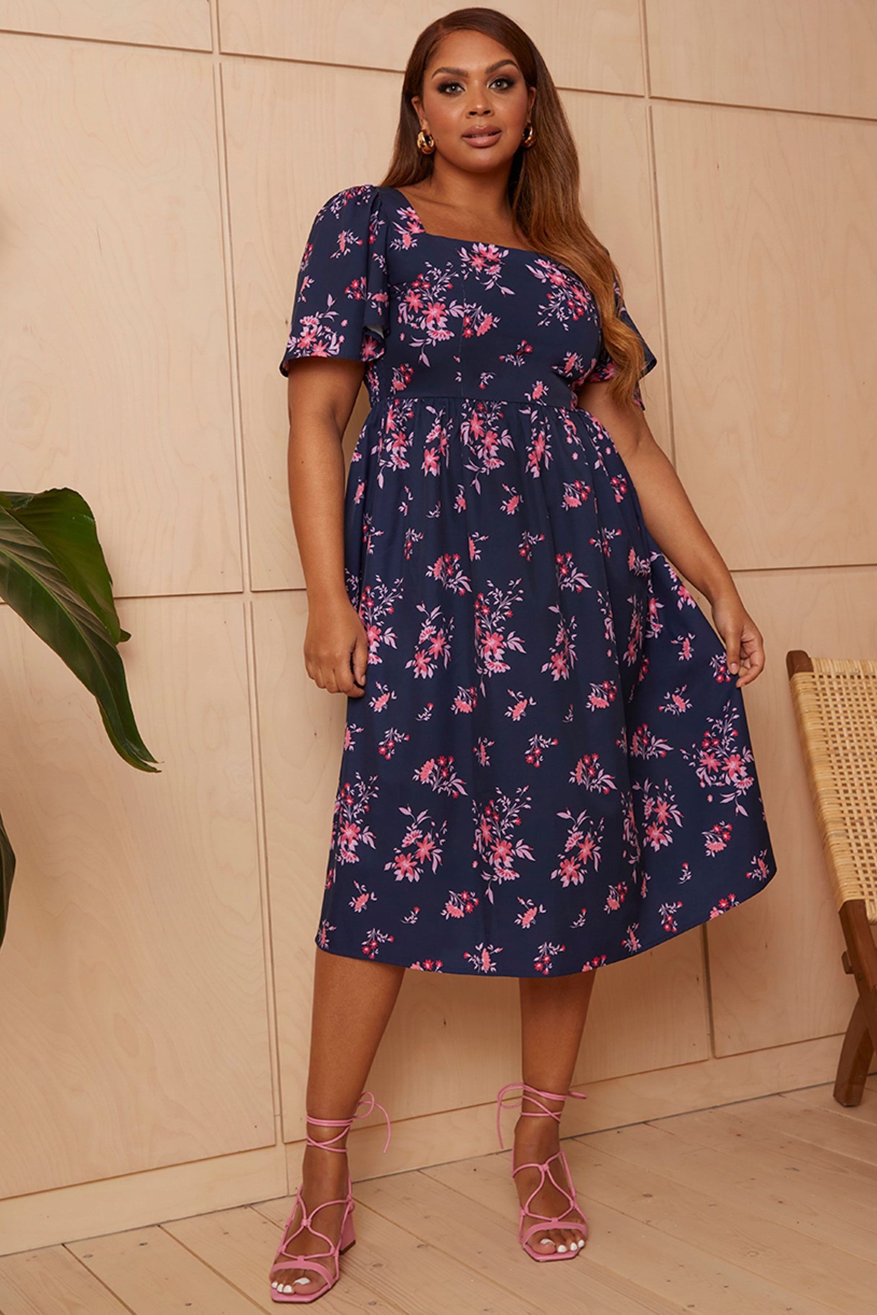 Buy Chi Chi London Navy Blue Pink Square Neck Ditsy Floral Midi Dress from Next Luxembourg
