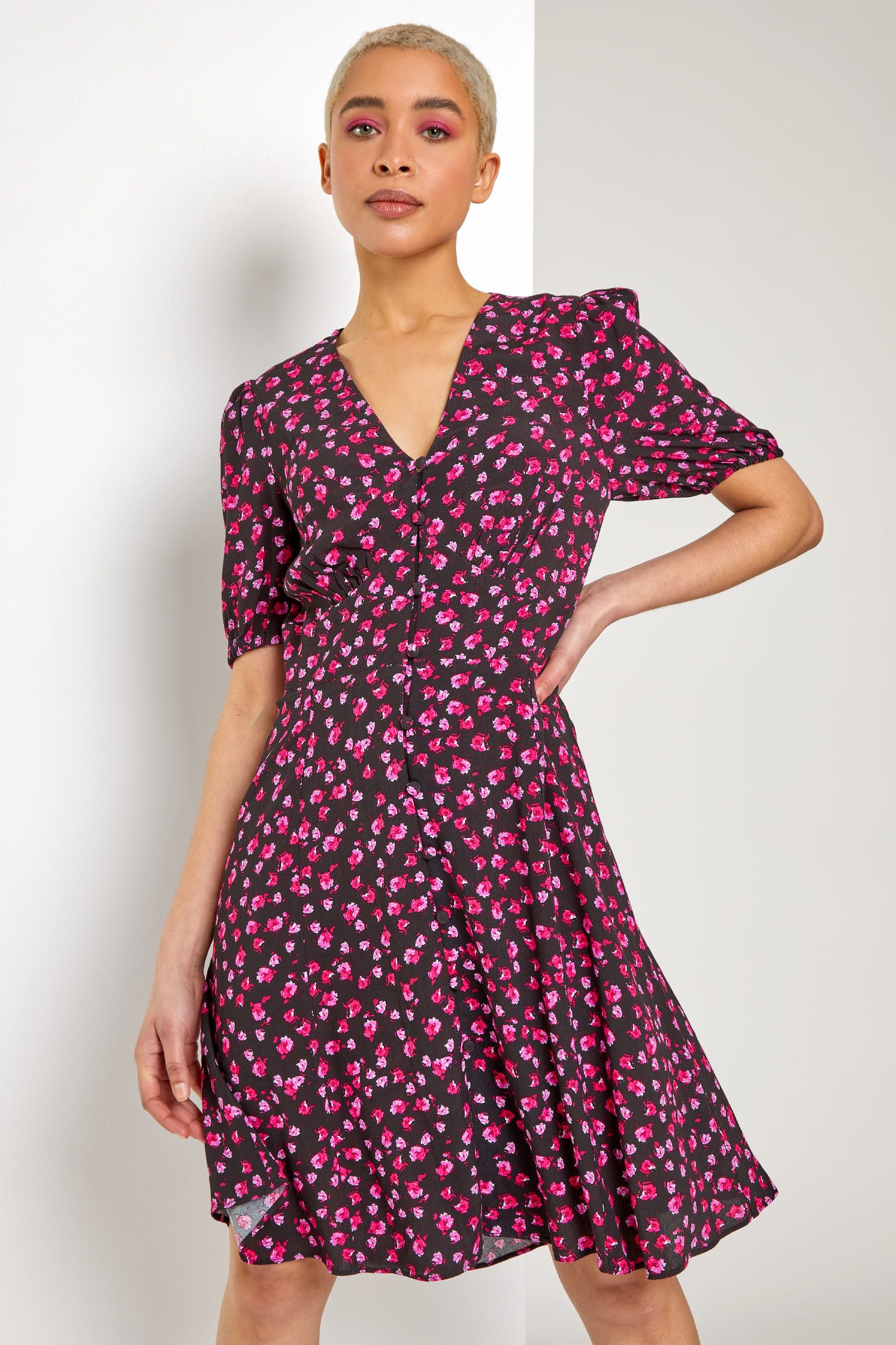 Buy Dusk Black Ditsy Floral Frill Hem Tea Dress from Next Luxembourg