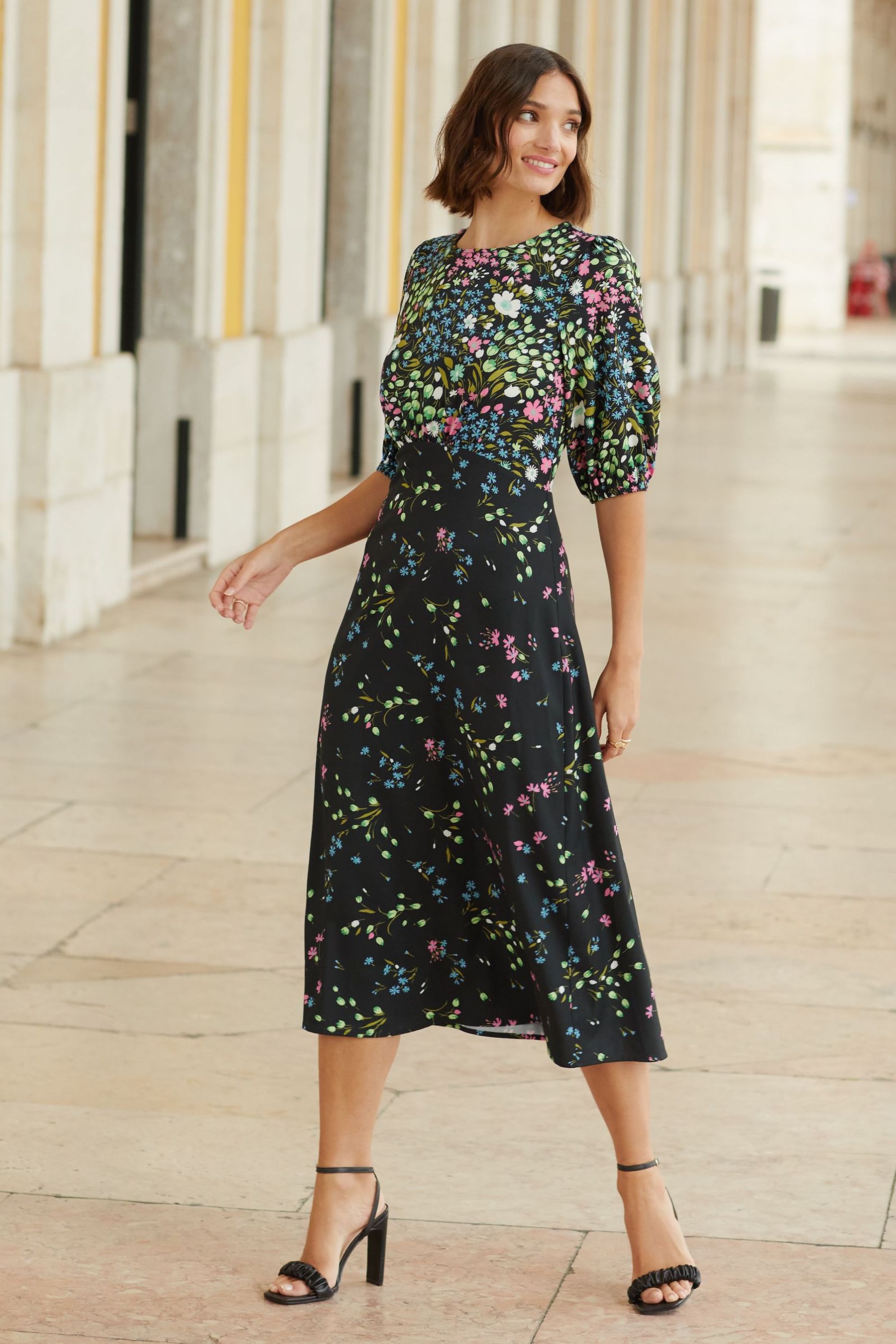 Buy Love Roses Black Patched Floral Regular Balloon Sleeve Empire Midi Dress from Next Luxembourg
