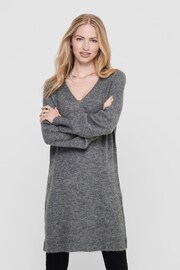 JDY Grey V-Neck Knitted Jumper Dress - Image 1 of 5