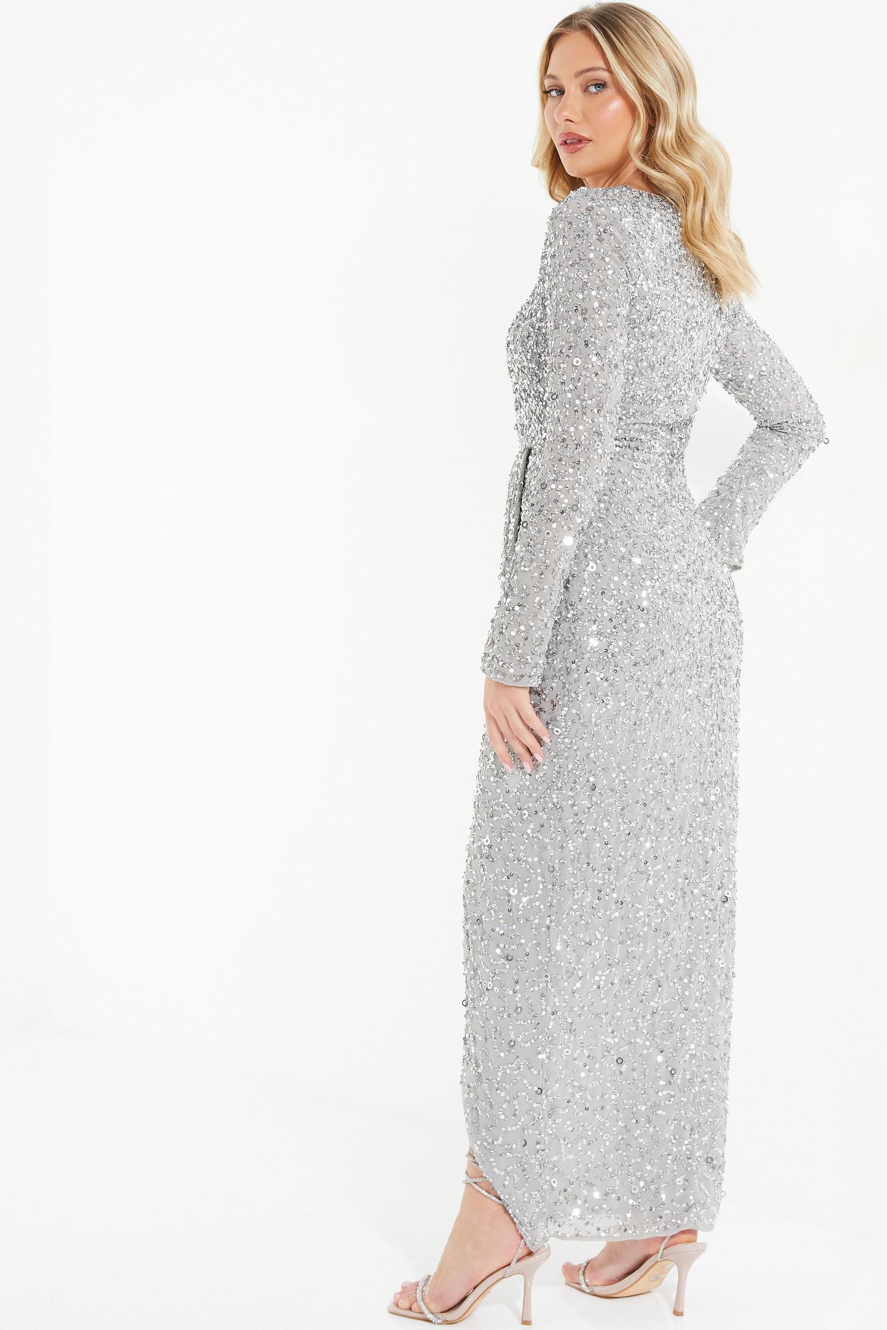 Buy Quiz Silver Grey Sequin Long Sleeve Wrap Maxi Dress from Next Netherlands