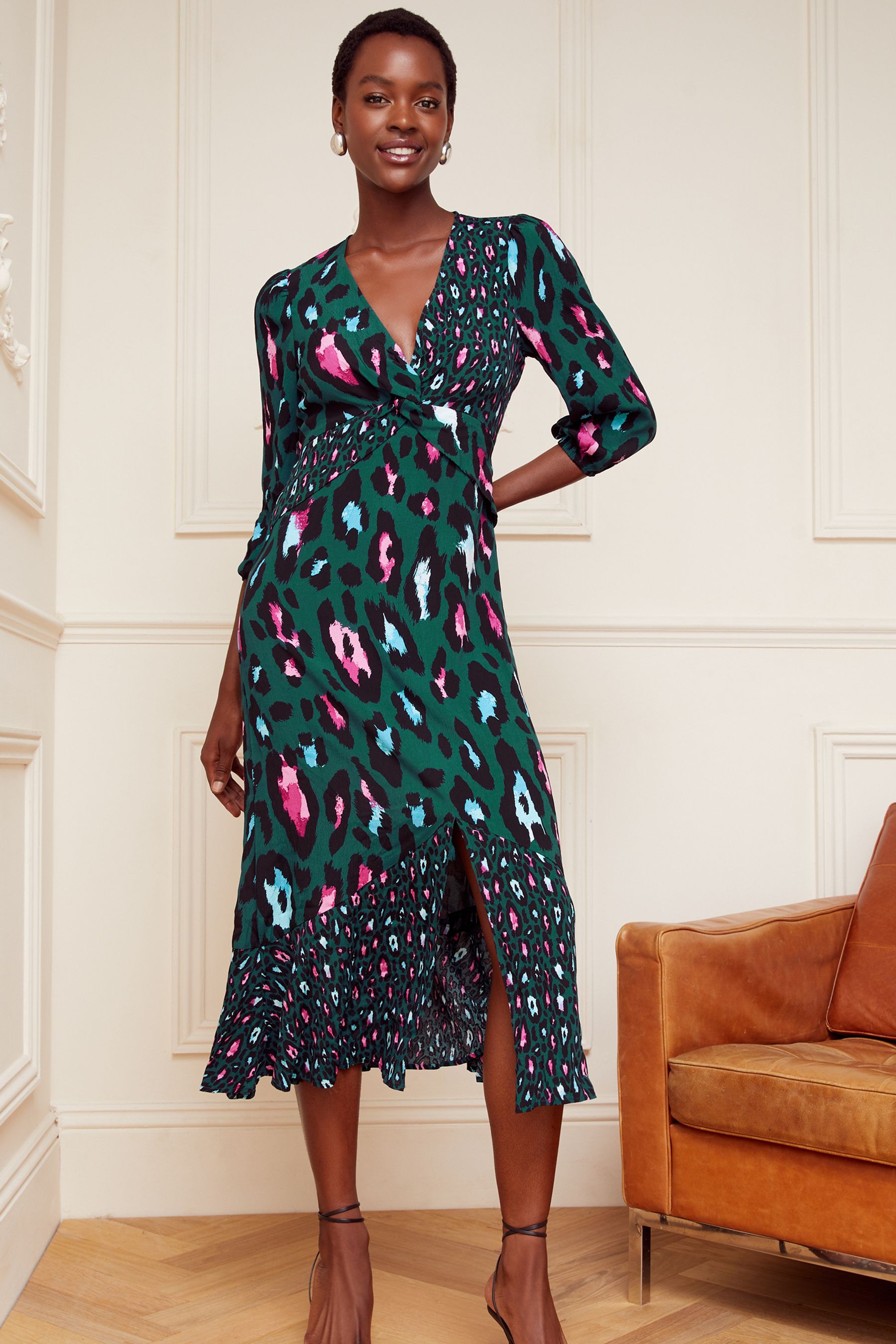 Buy Love Roses Green Animal V Neck Twist Front Long Sleeve Midi Dress from Next Luxembourg