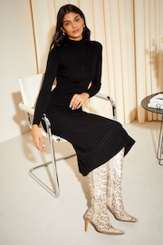 Friends Like These Black High Neck Knitted Pleated Long Sleeve Midi Dress - Image 2 of 4