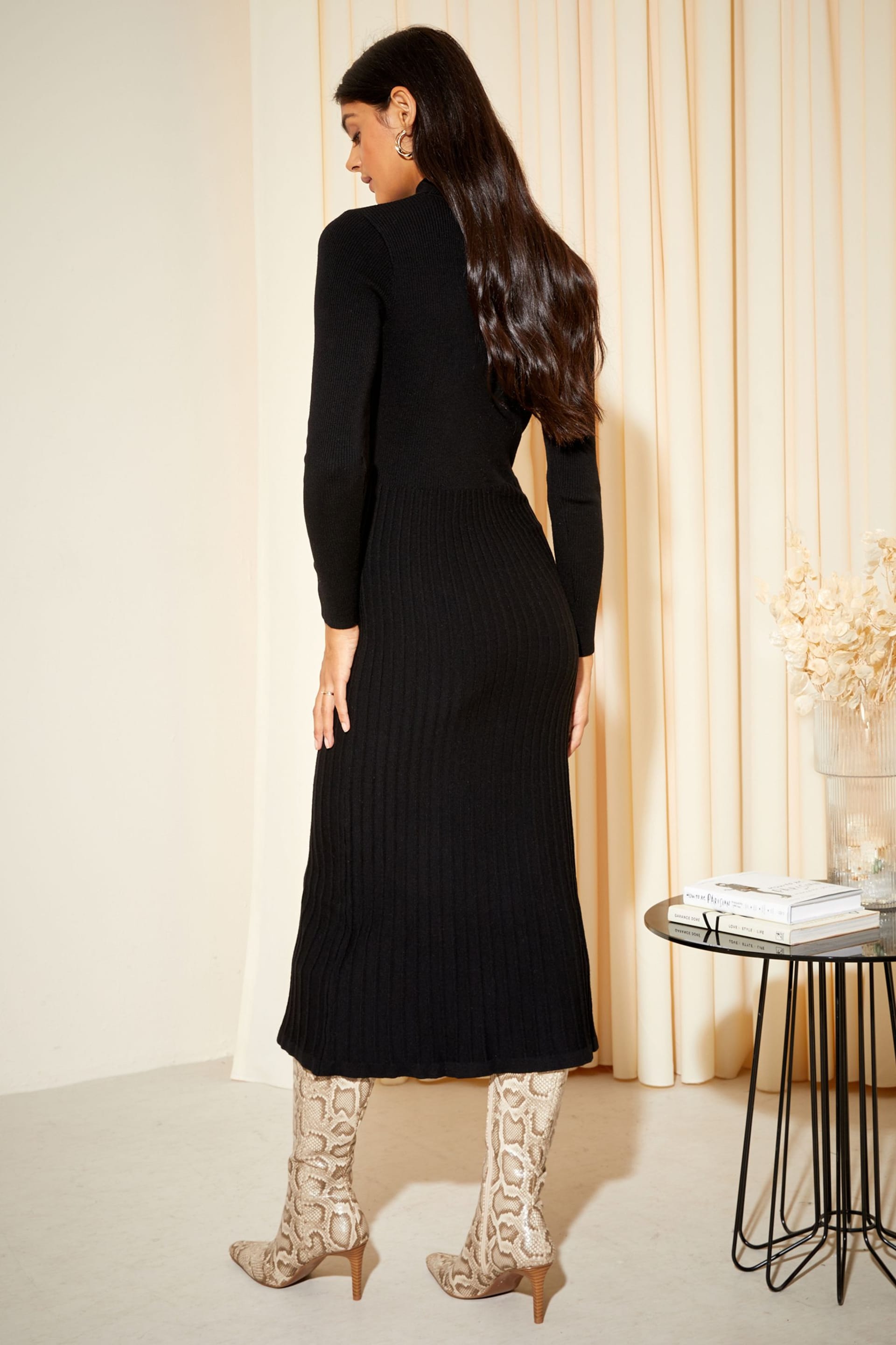 Friends Like These Black High Neck Knitted Pleated Long Sleeve Midi Dress - Image 4 of 4