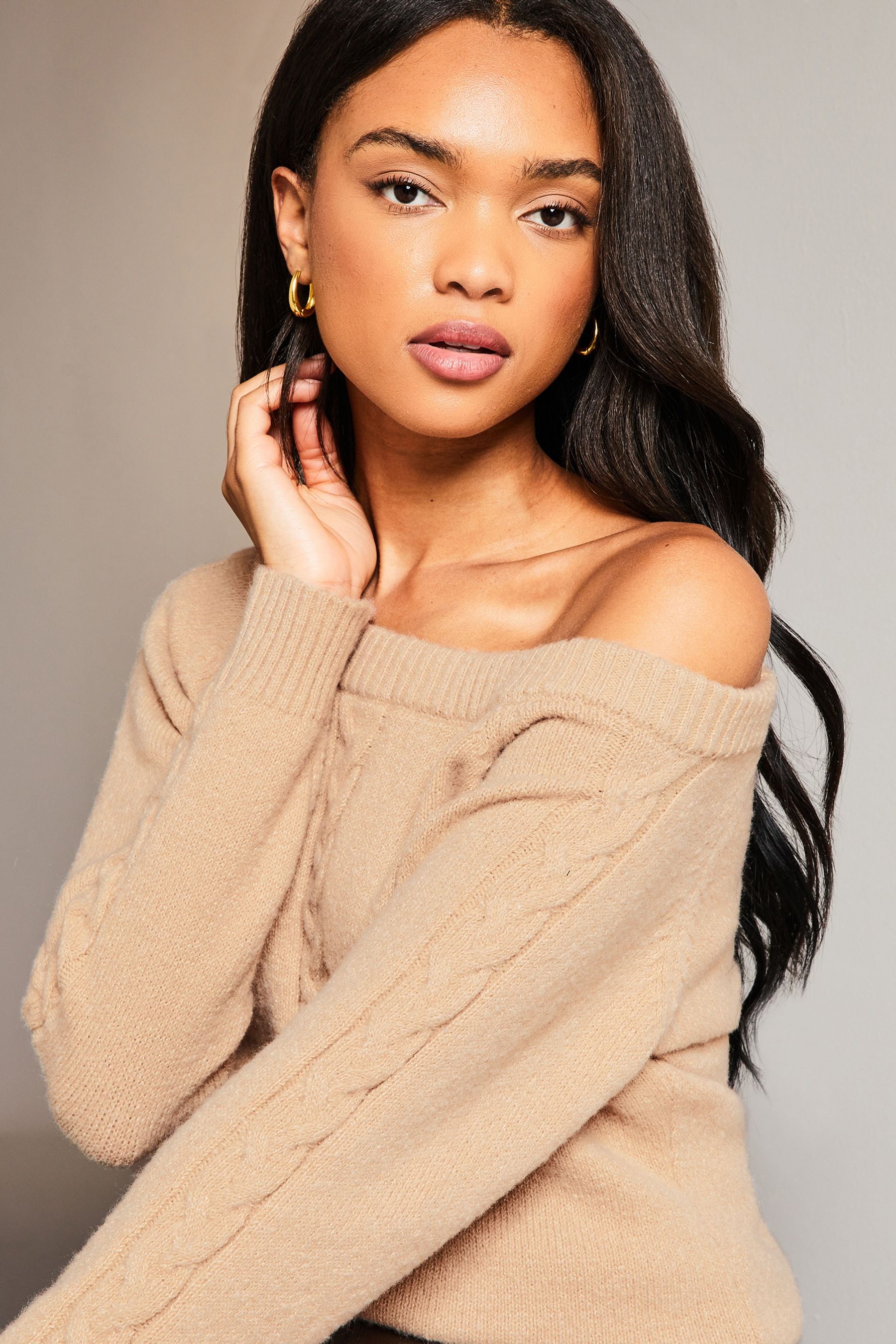 Buy Lipsy Camel Cable Knitted Off The Shoulder Jumper from Next Luxembourg